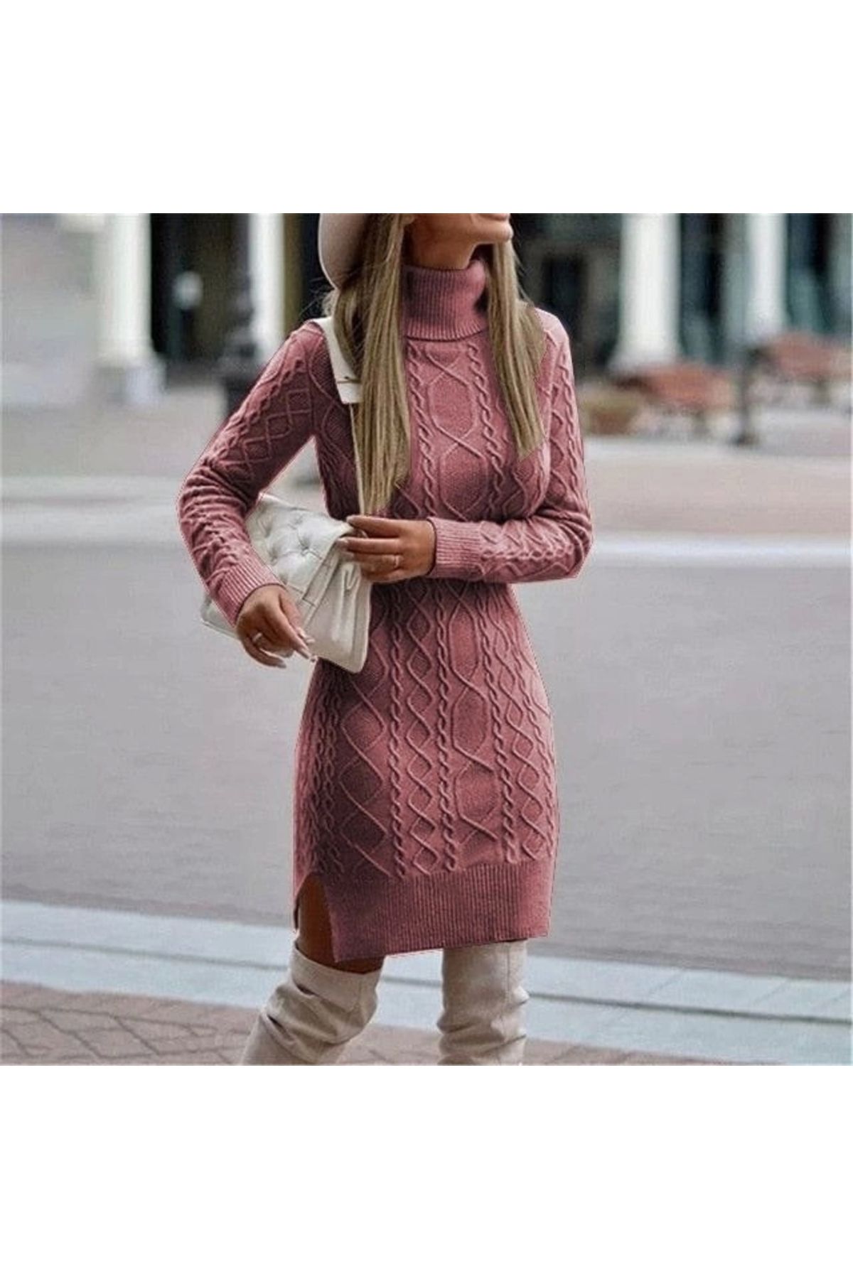 Bengü Accessories Kadın Uzun Kollu Loren Yünlü Motifli Midi Boy Triko Elbise