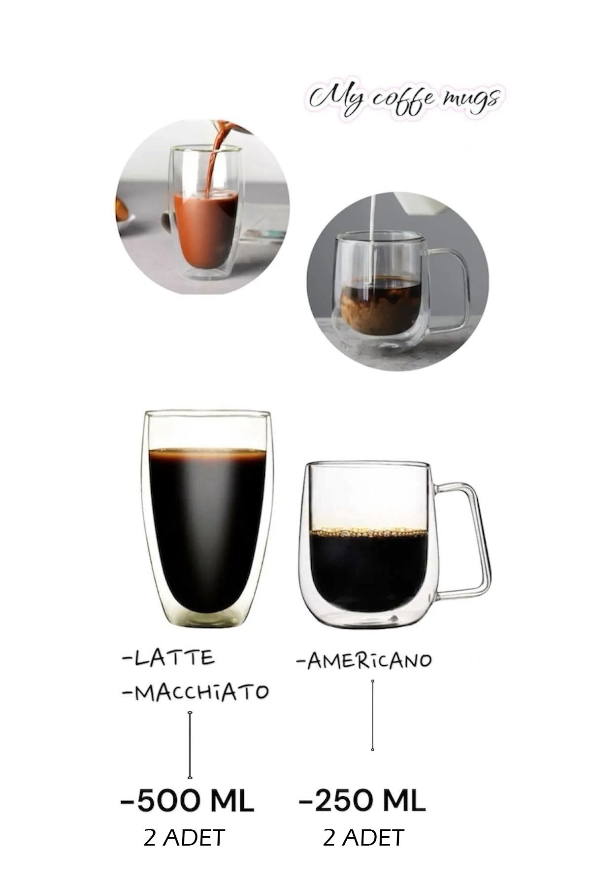OCTOPUS BAZAAR Kahve Kupaları Latte - Amerikano  Set Çift Cidarlı Bardak ve Kupa 2Li Set