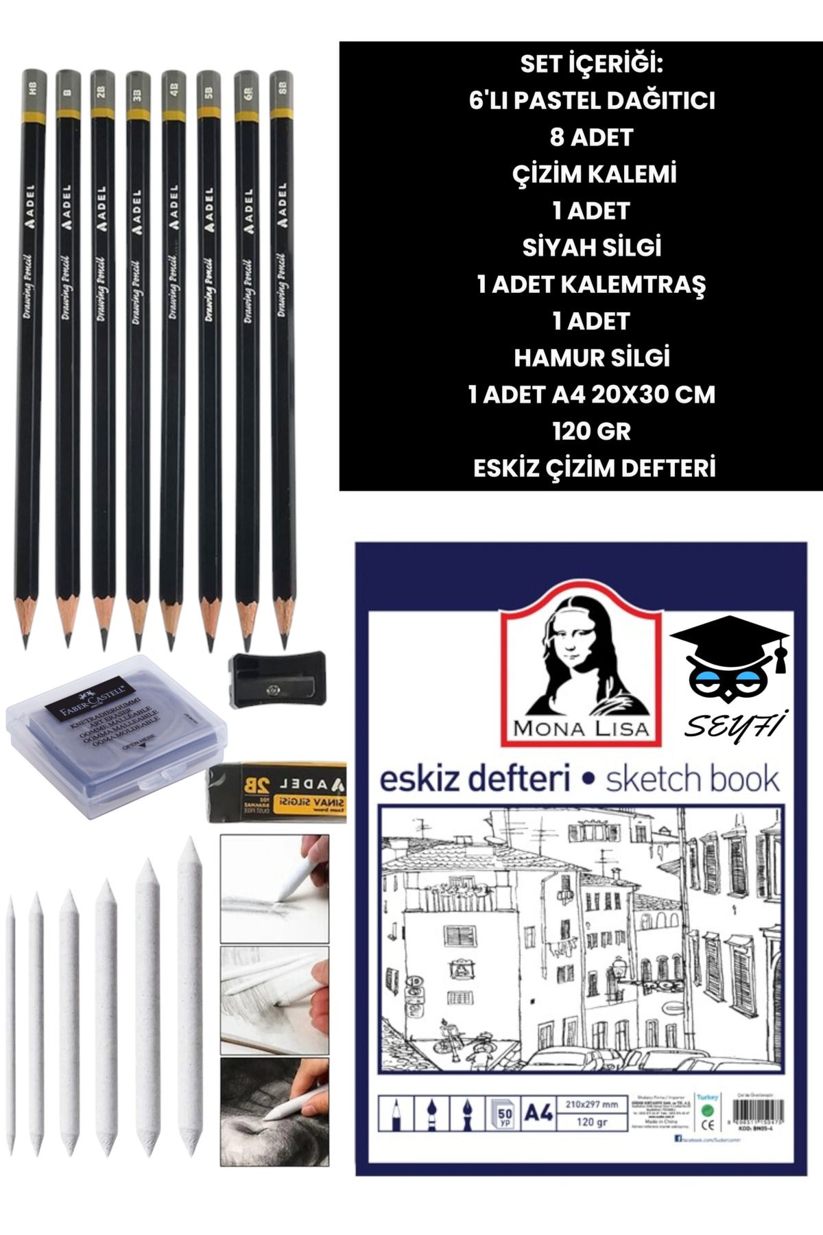 SEYFİKİRTASİYE 50 YAPRAK 120 GR A4 ESKİZ DEFTERİ KARA KALEM PASTEL DAĞITICI ÇİZİM SETİ TAM TAKIM