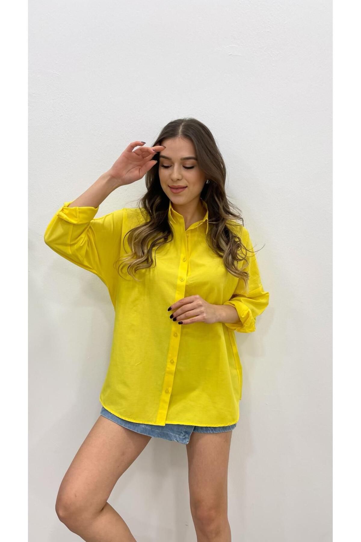 MODA KADIN SARI UZUN BASİC GÖMLEK