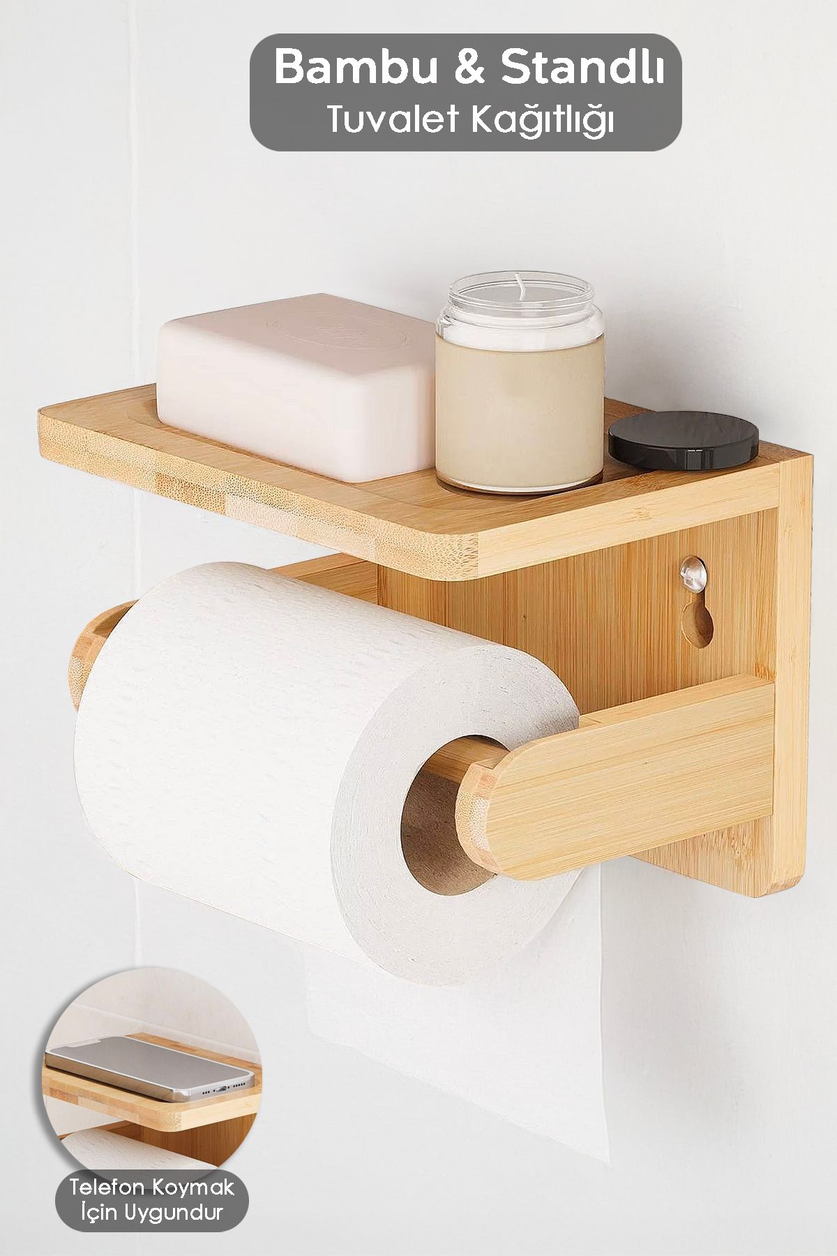Meleni Home Yapışkanlı Raflı Bambu Tuvalet Kağıtlığı - Peçetelik Wc Tuvalet Kağıdı Tutacağı Rulo Peçete Askılığı