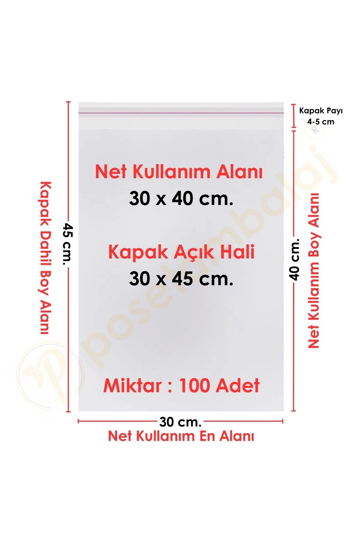 Carpcorn 30x40 5 Cm. (30*45) 100 Adet - Şeffaf Bantlı Yapışkanlı Jelatin Poşet
