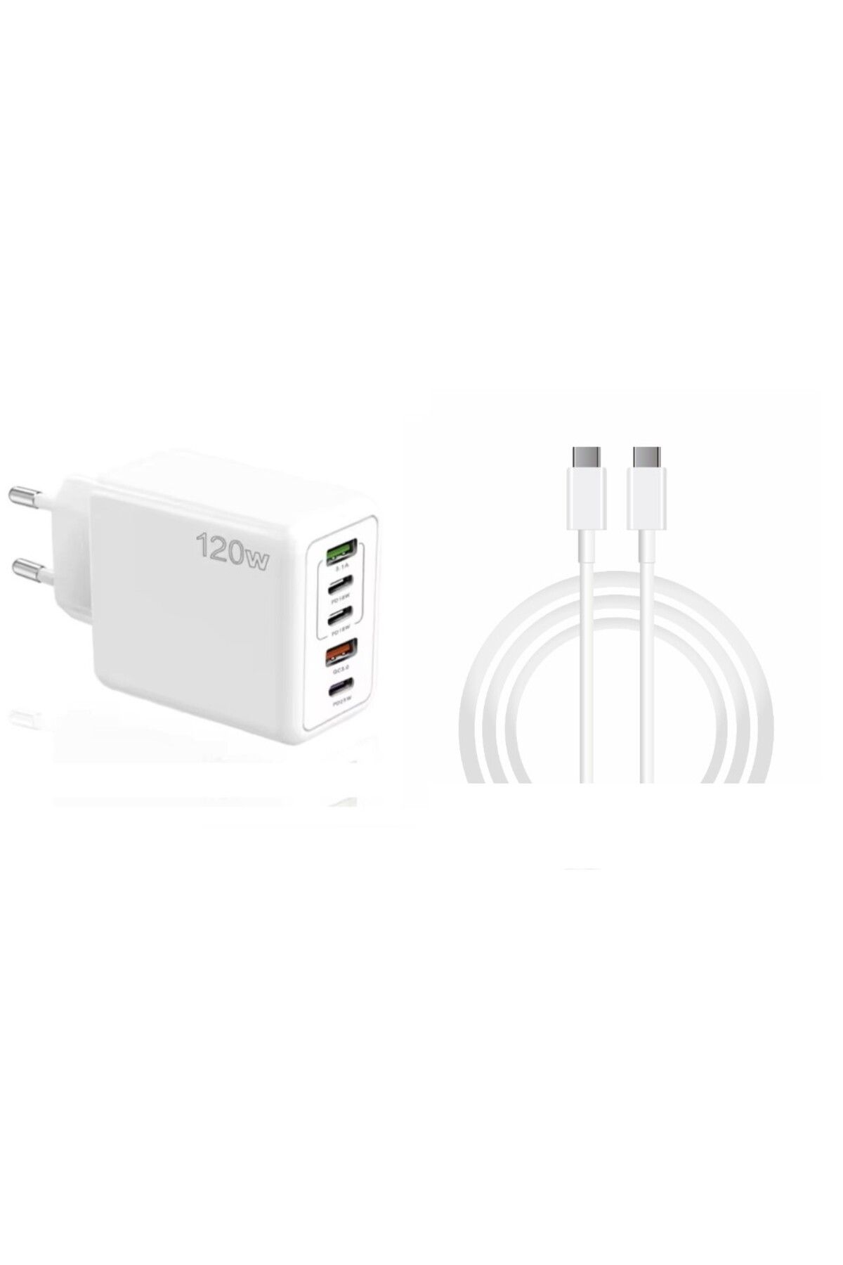 schitec 120W 3 Type-C + 2 UsbA Toplam 5 Çıkışlı Ev Tipi Şarj Aleti Set 6A 120W Type-C to Type-C 2Met