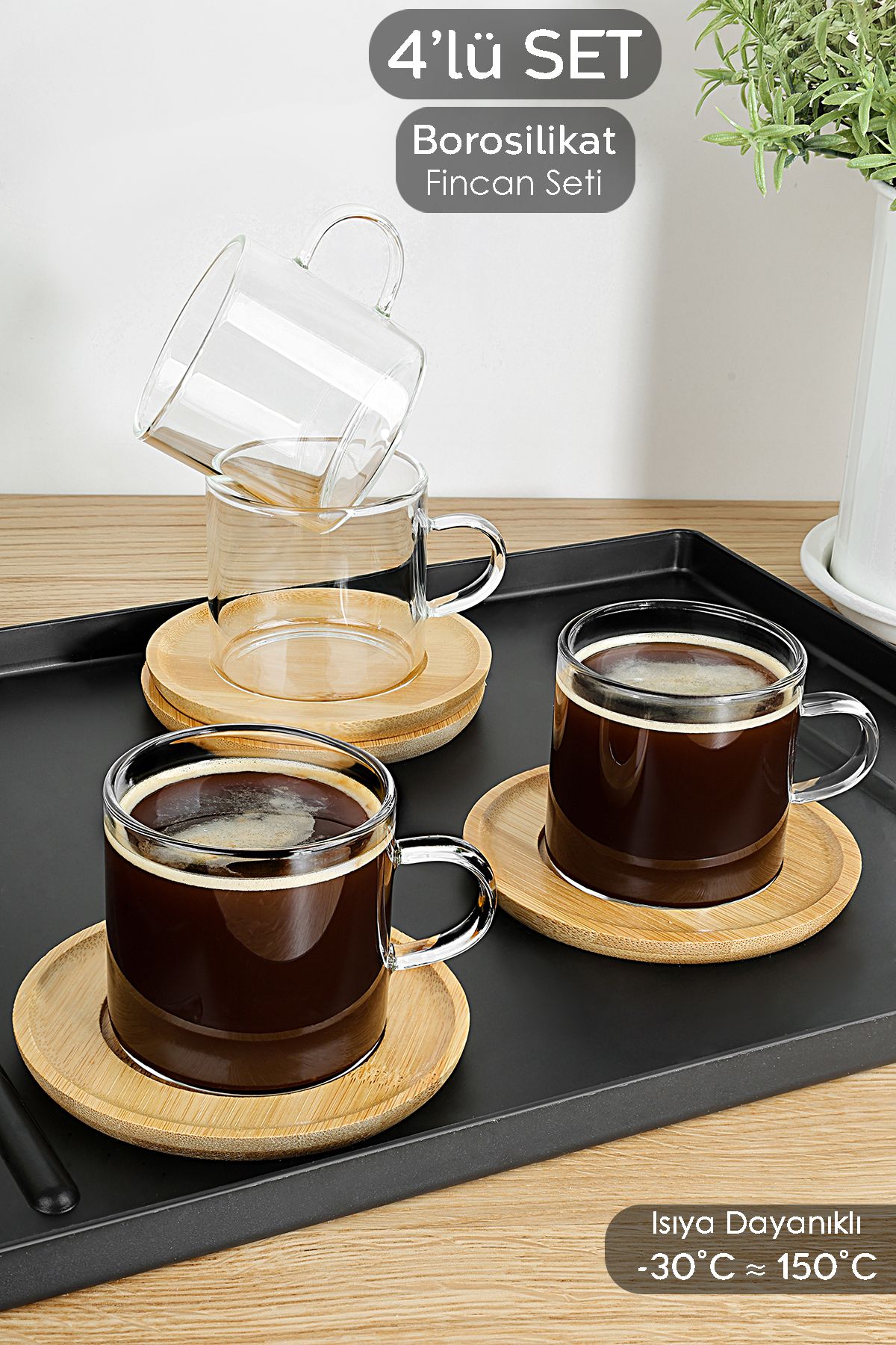 Meleni Home 4 Kişilik 8 Parça Kahve Fincan Takımı - Bambu Tabaklı Borosilikat Cam Bardak Fincan Seti 100 ml