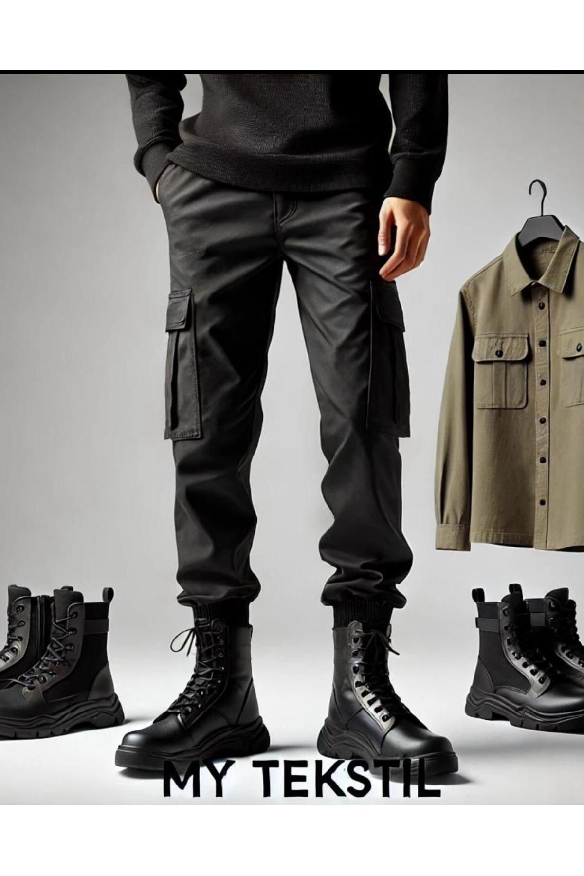 MY TEKSTİL Erkek Kargo Pantolon Likralı Slim Fit Siyah Lastikli Paça