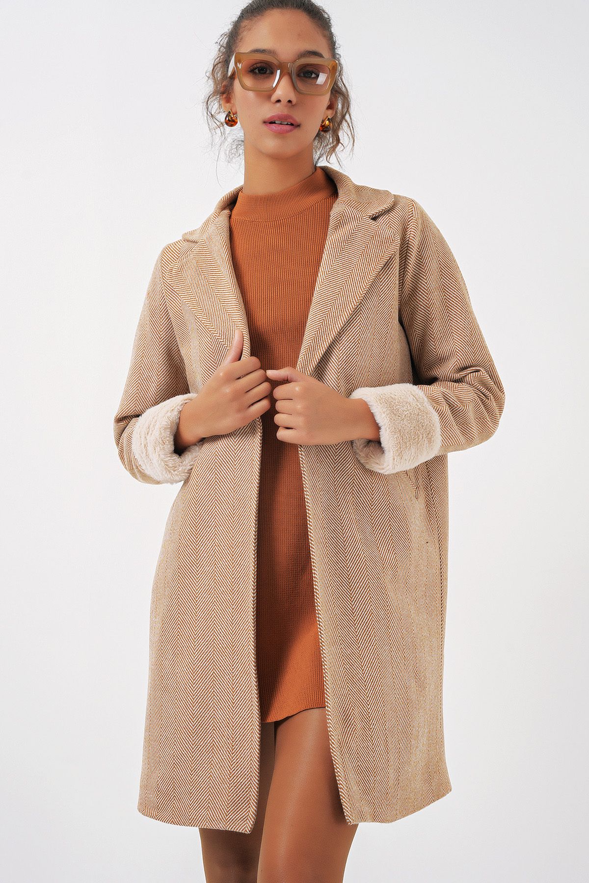 Bigdart 9085 Balık Sırtı Kaşe Kaban - Camel