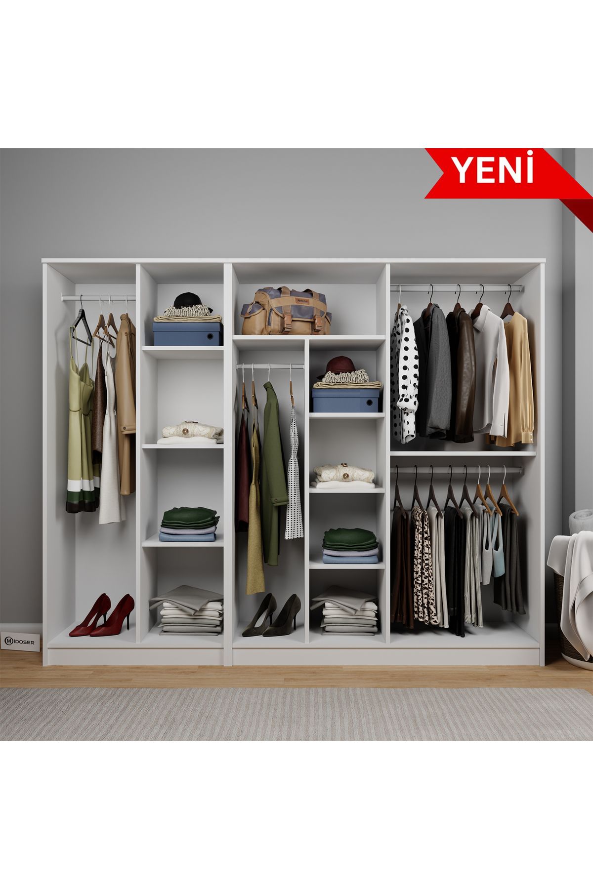 midoser Kardelen Serisi Mat Beyaz 6 Kapaklı 9 Raflı Elbise Dolabı 220 Cm - Gardırop Seti