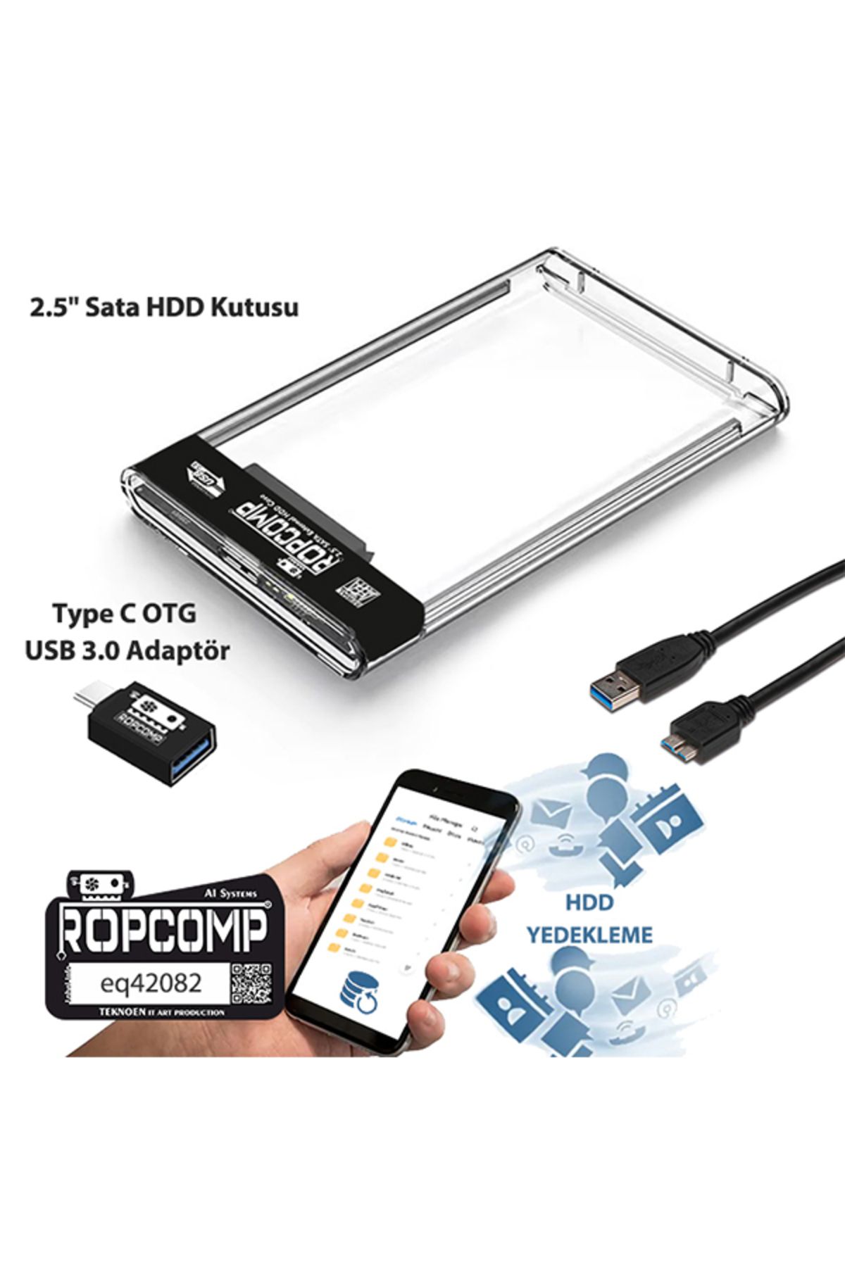 Ropcomp 2.5" Sata HDD Kutusu Type C OTG USB 3.0 Şeffaf
