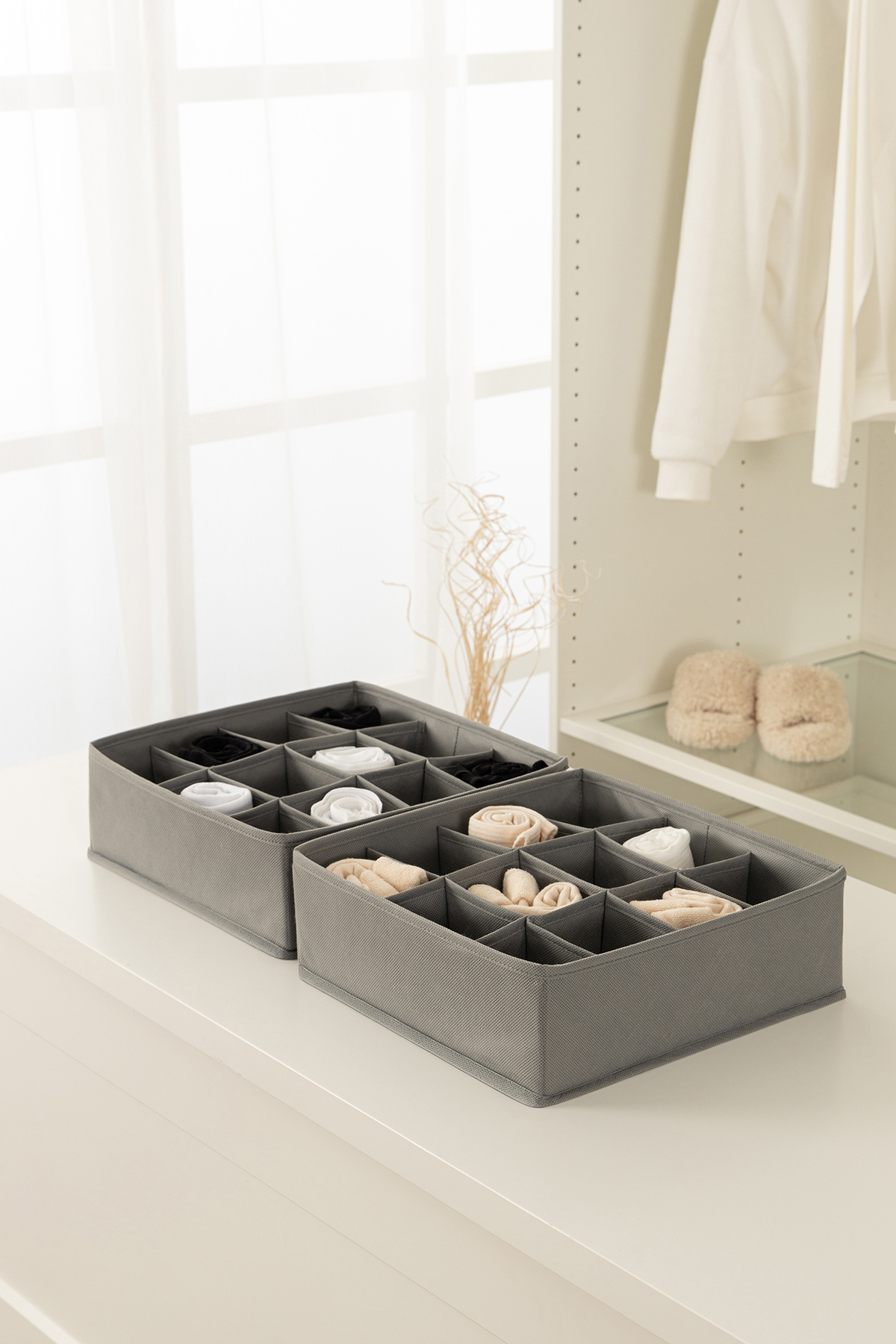 REKHOME 2li Gri Dolap Çekmece İçi Organizer - Çamaşırı Kemer Şal Çorap Düzenleyici