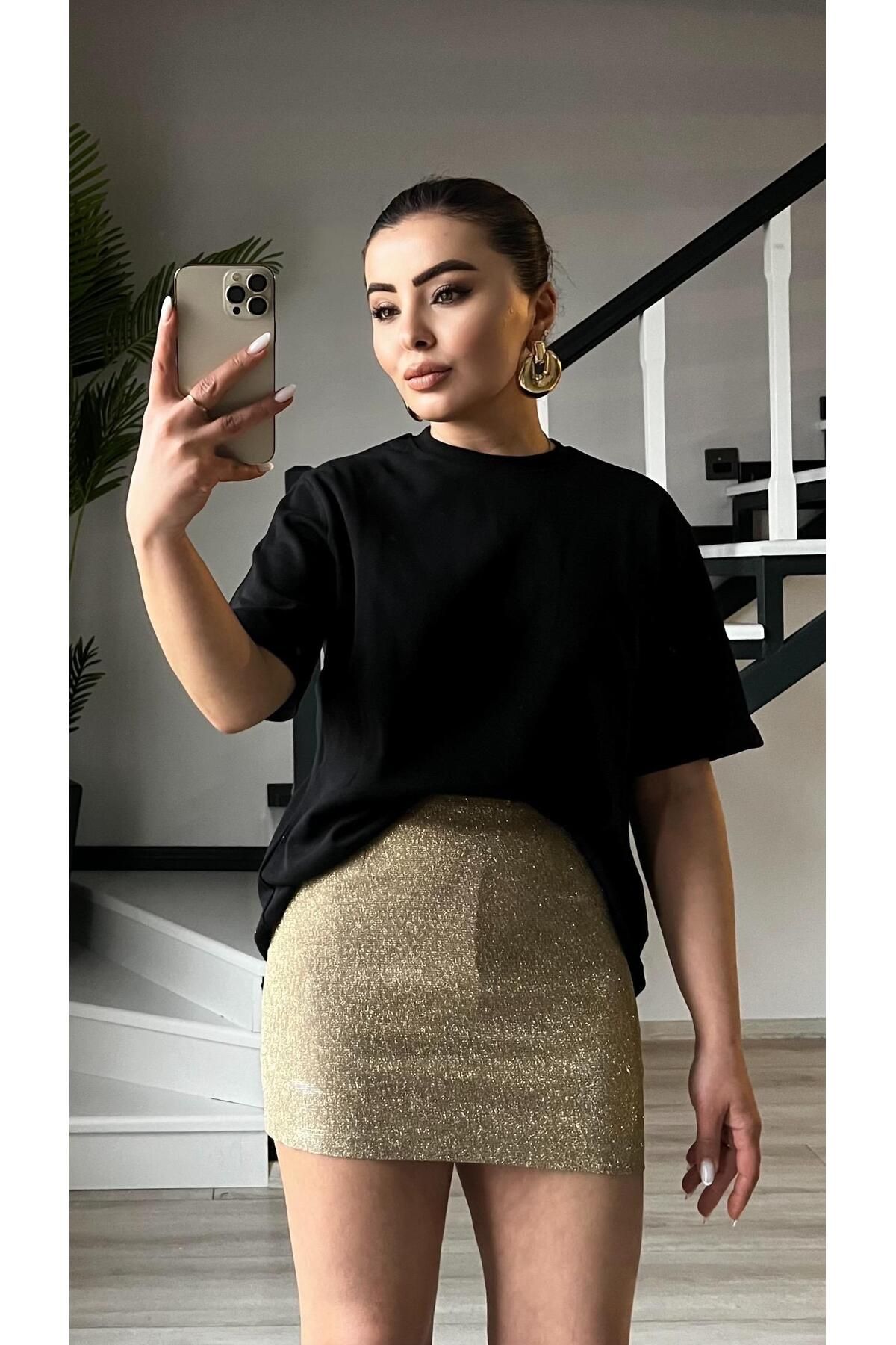Oslove Gold Simli Şort Astarlı Mini Etek