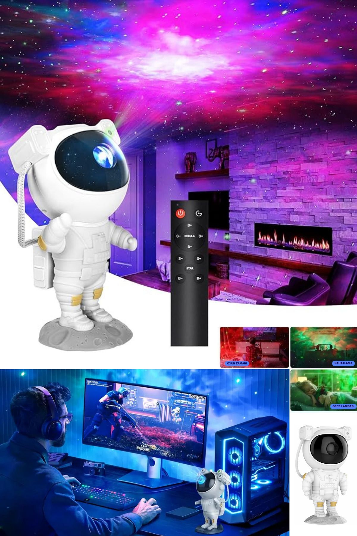 Clevora Gökyüzü Projeksiyon Gece Lambası Çocuk Odası Kumandalı Astronot Projektör Uzay Gece Aydınlatması