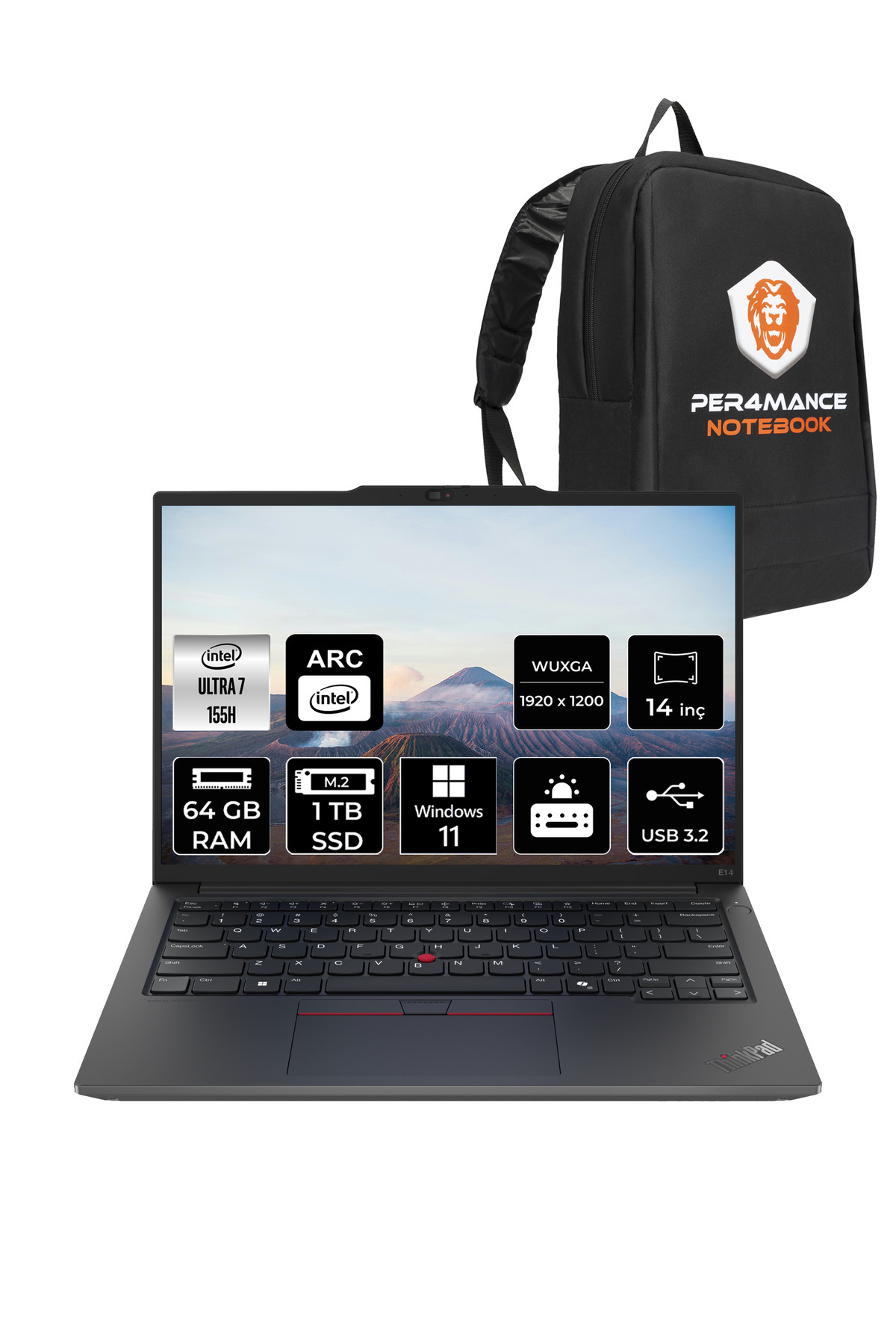 ThinkPad E14 Ultra7 155H 64GB DDR5 1TB SSD 14'' FHD199 W11H Dizüstü Bilgisayar _199 PER4 ÇANTA
