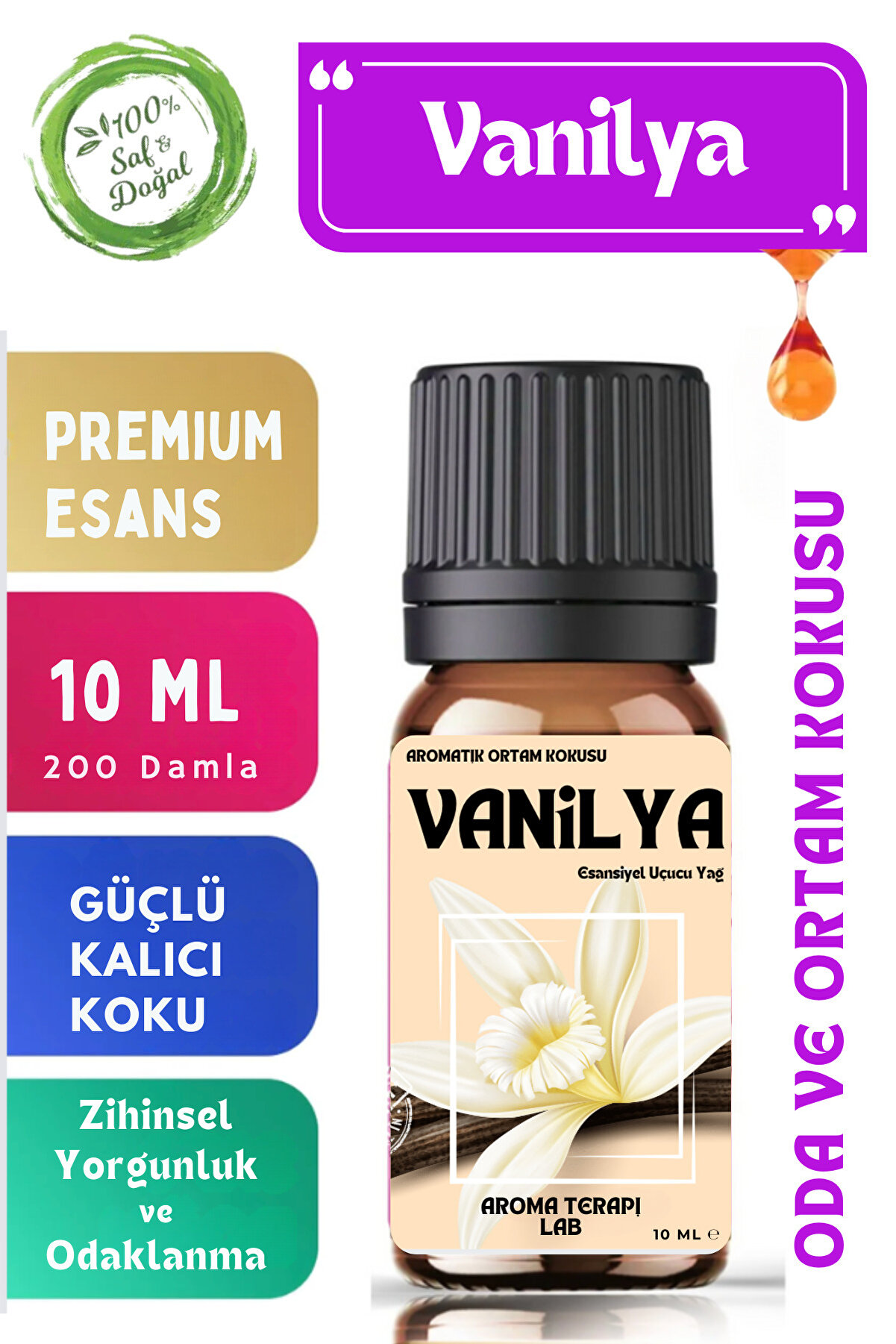 Aroma Terapi Lab Vanilya Esansiyel Yağ 10ml - Doğal Kokulu Uçucu Yağ