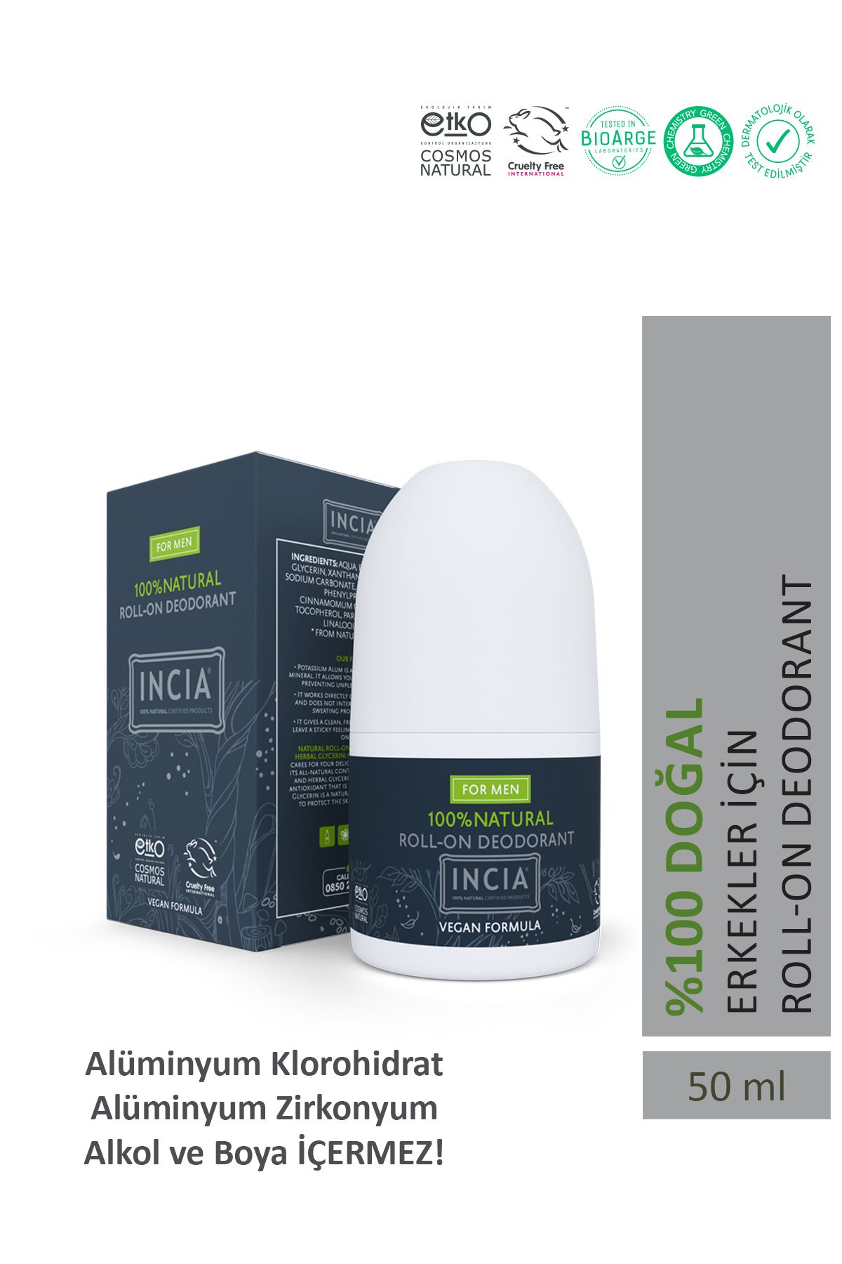 INCIA %100 Doğal Roll On Deodorant Erkekler İçin Ter Kokusu Önleyici Lekesiz 50 ml