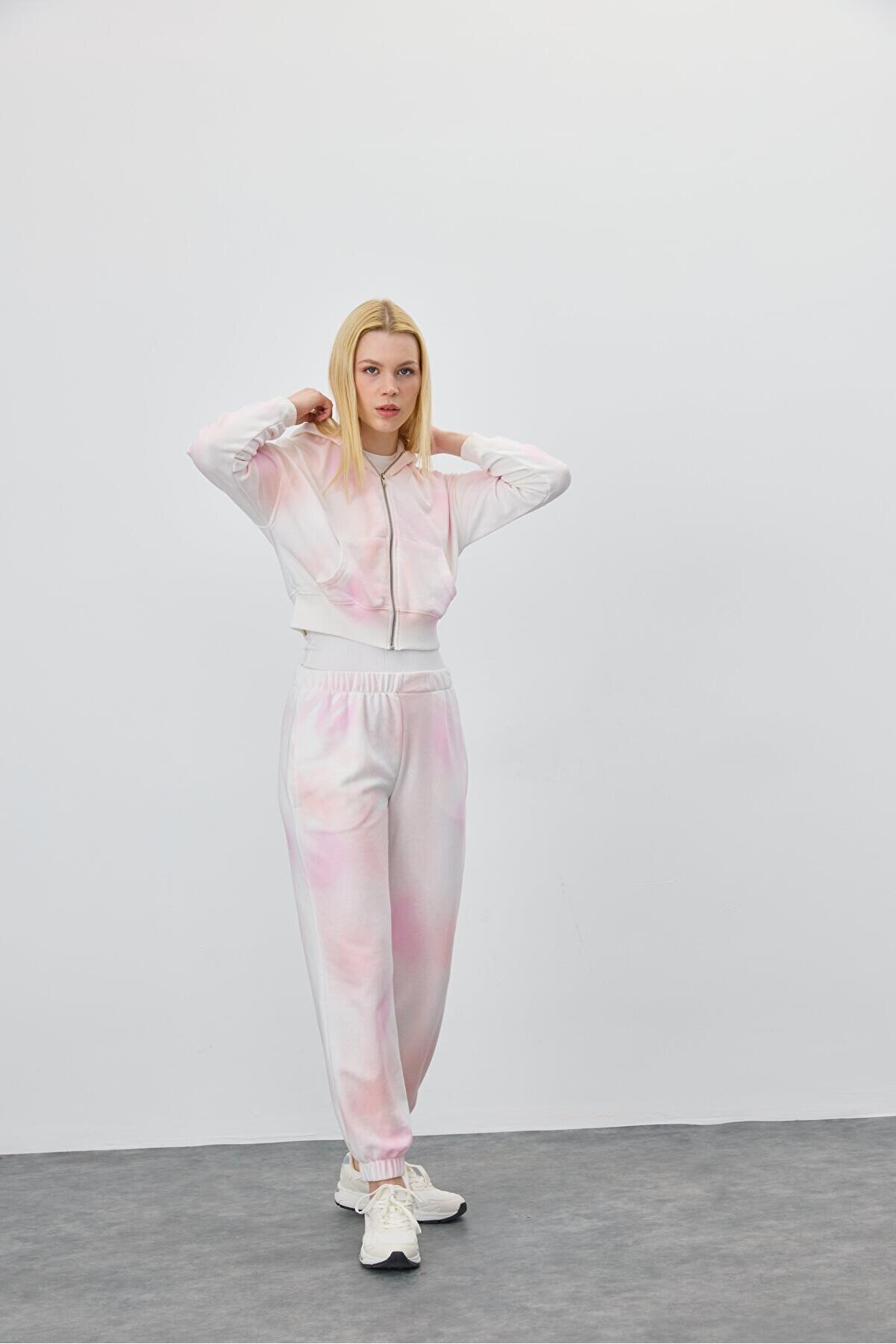 TUBİA Kadın Pembe Batik Kapüşonlu Fermuarlı Sweatshirt Hırka Takım