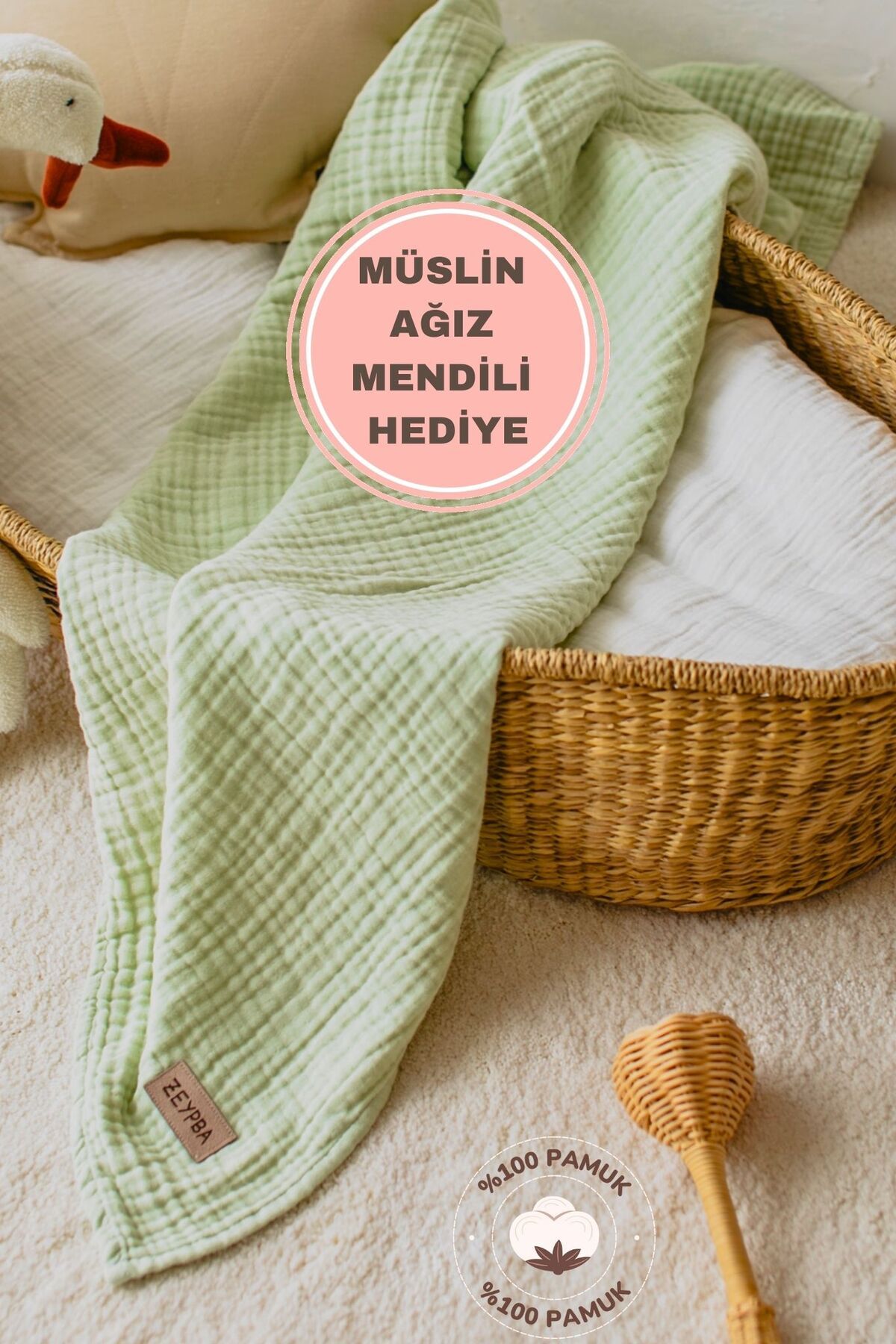 ZEYPBA %100 Pamuk Kenar Dikişli Suyeşil Müslin Müslin Battaniye 4katlı Müslin Bebek & Çocuk Müslin Örtü