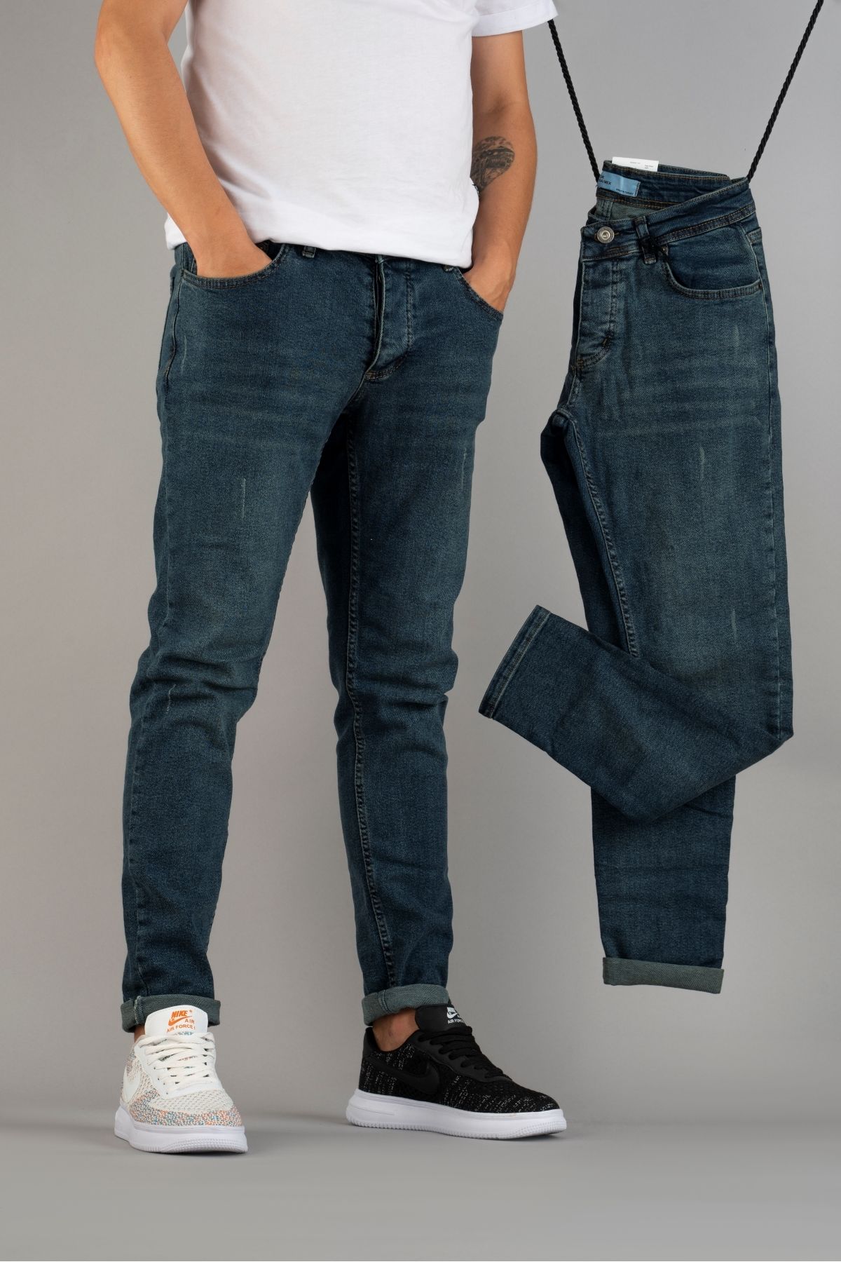 bombe Erkek Slim Fit Tırnaklı Likralı Kot Pantolon Mavi