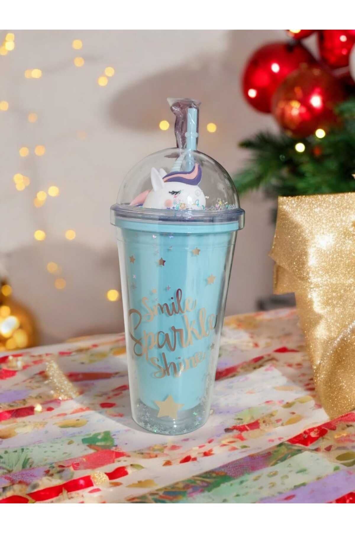 DT gift collection ÇİFT CİDARLI PİPETLİ UNICORN BARDAK MAVİ