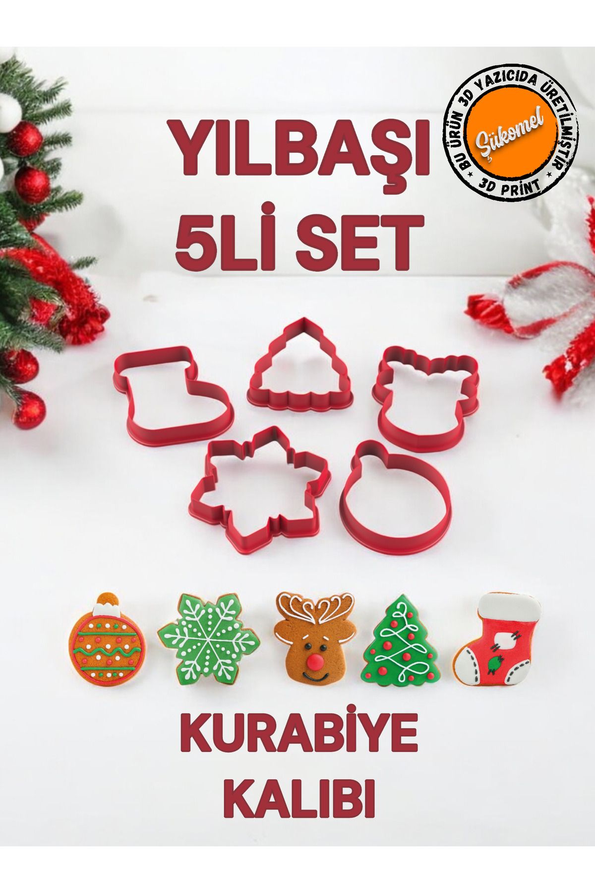 şükomel Yılbaşı Christmas Temalı Kurabiye Kalıbı 5'li Set Yeni Yıl Kurabiye Kesici Kalıplar