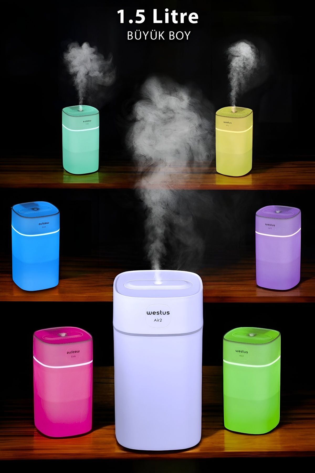 Westus 1.5 Litre Büyük Boy Hava Oda Nemlendirici 7 Işıklı Gece Lambası Buhar Makinesi Aroma Difüzörü