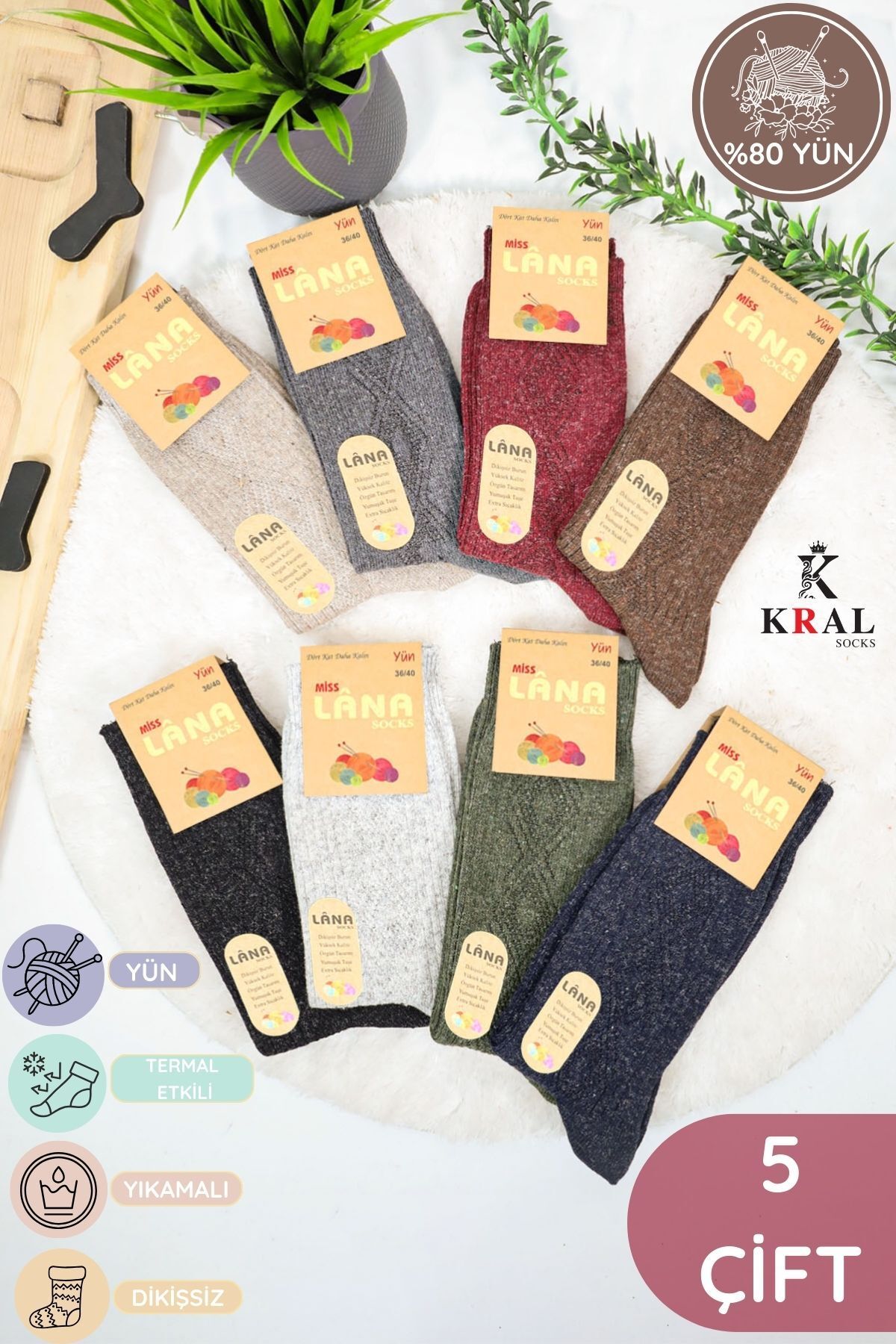 Kral Kadın Kışlık Termal Etkili (5 ÇİFT) Çorap Lambswool Yünlü (36-40 BEDEN)