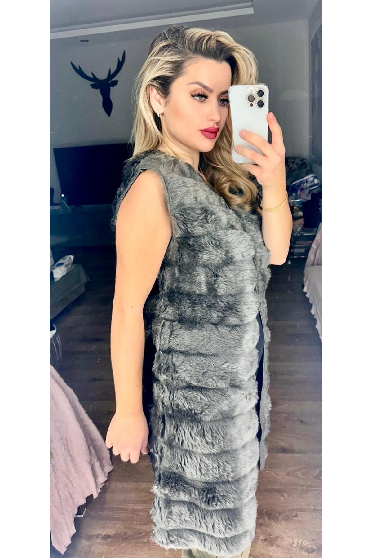 AFRODİTE BOUTIQUE Antrasit Uzun Pelus Yelek