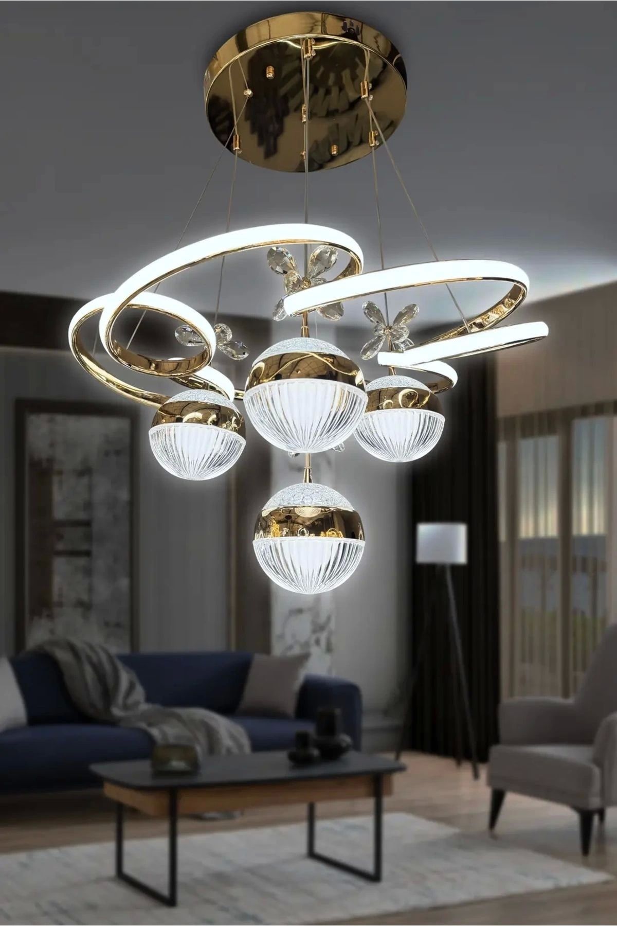 NZL Lighting 3 Renk Kumandalı Modern Sarkıt 4 Toplu Kelebekli Ledli Avize Gold Nikelaj Kaplama Avize