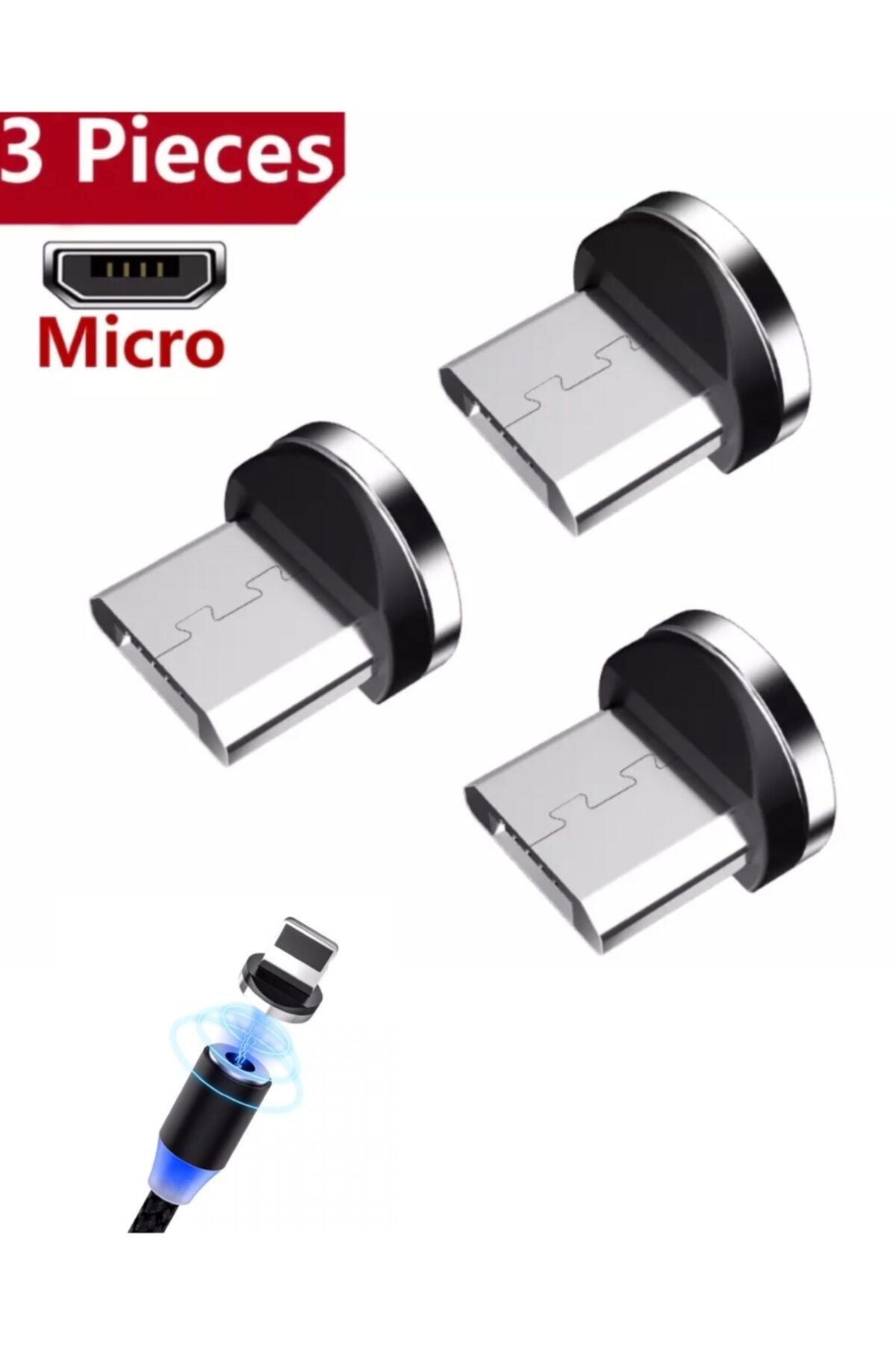 Genel Markalar 3 Adet Plug Mikro Usb Yedek Başlık Işıklı Mıknatıslı Şarj Kablo Plug Manyetik Başlık Dönüştürücü