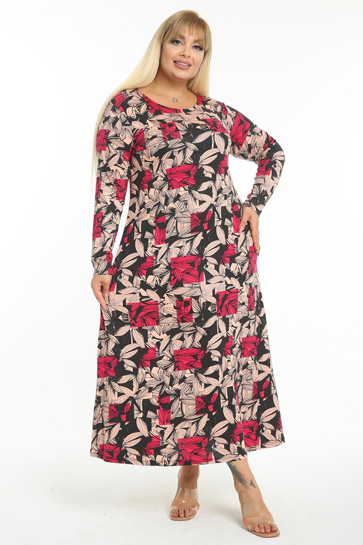 Mooi XXL Kadın Pembe Fuşya Floral Desen Büyük Beden Maksi Elbise