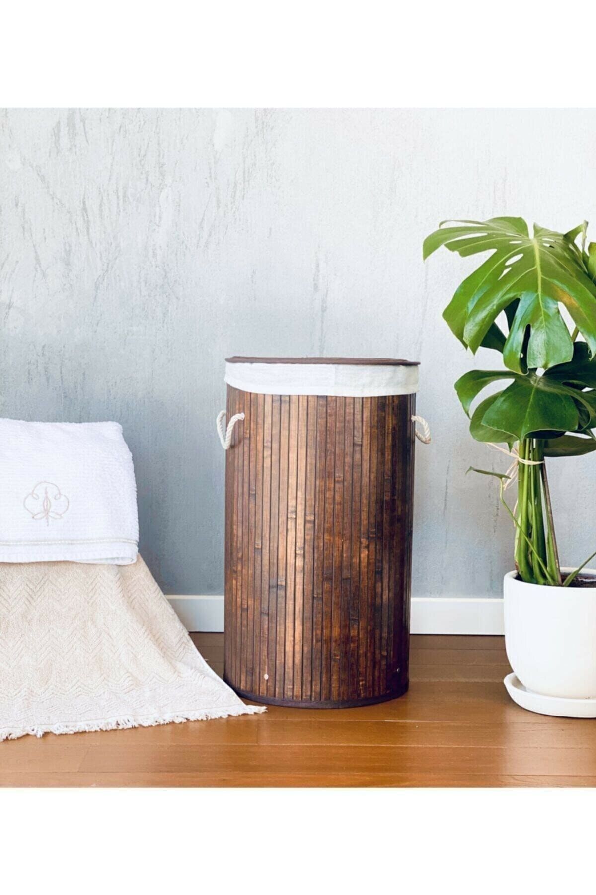 E-LİFE HOME Katlanır Oval Bambu Çamaşır Kirli Sepeti