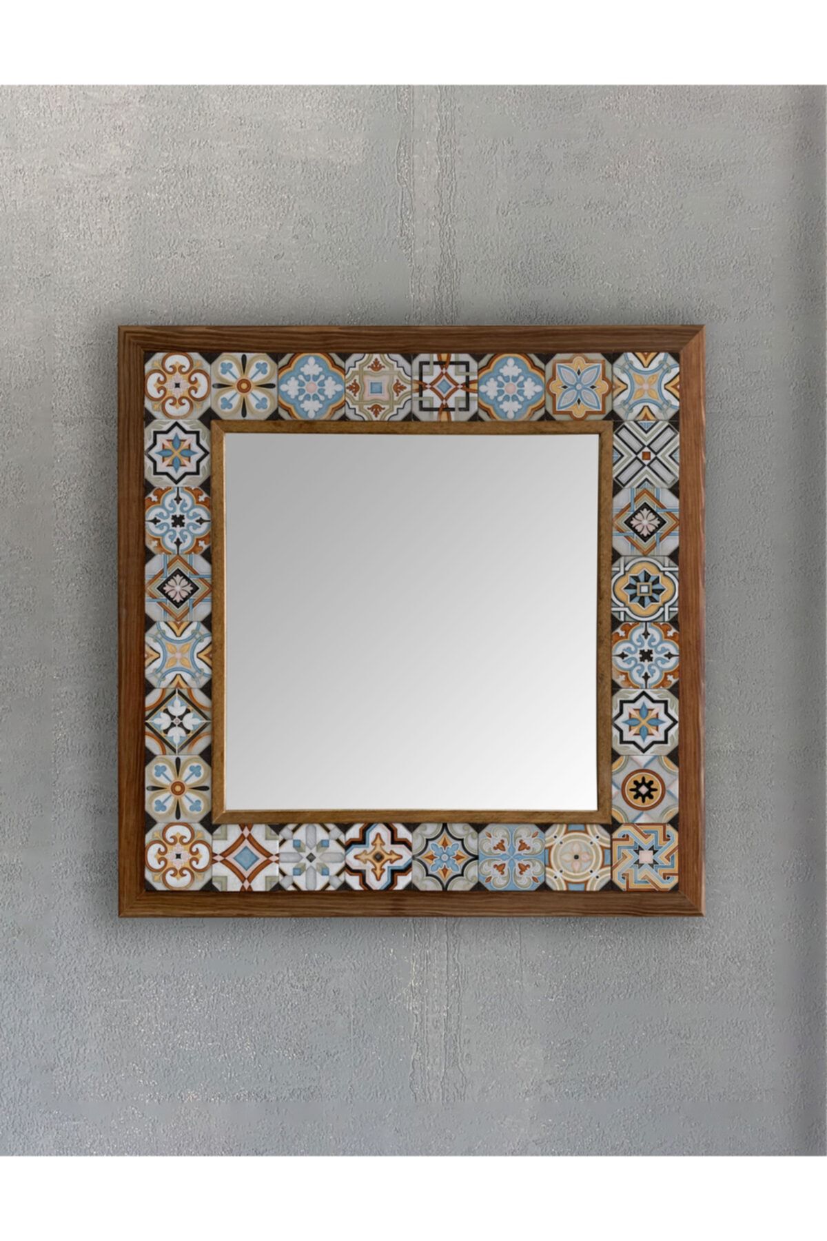 Oscar Stone Decor Masif Çerçeveli Mozaik Taş Ayna 43 Cm X 43 Cm (TİLE-ETNİK DESEN)