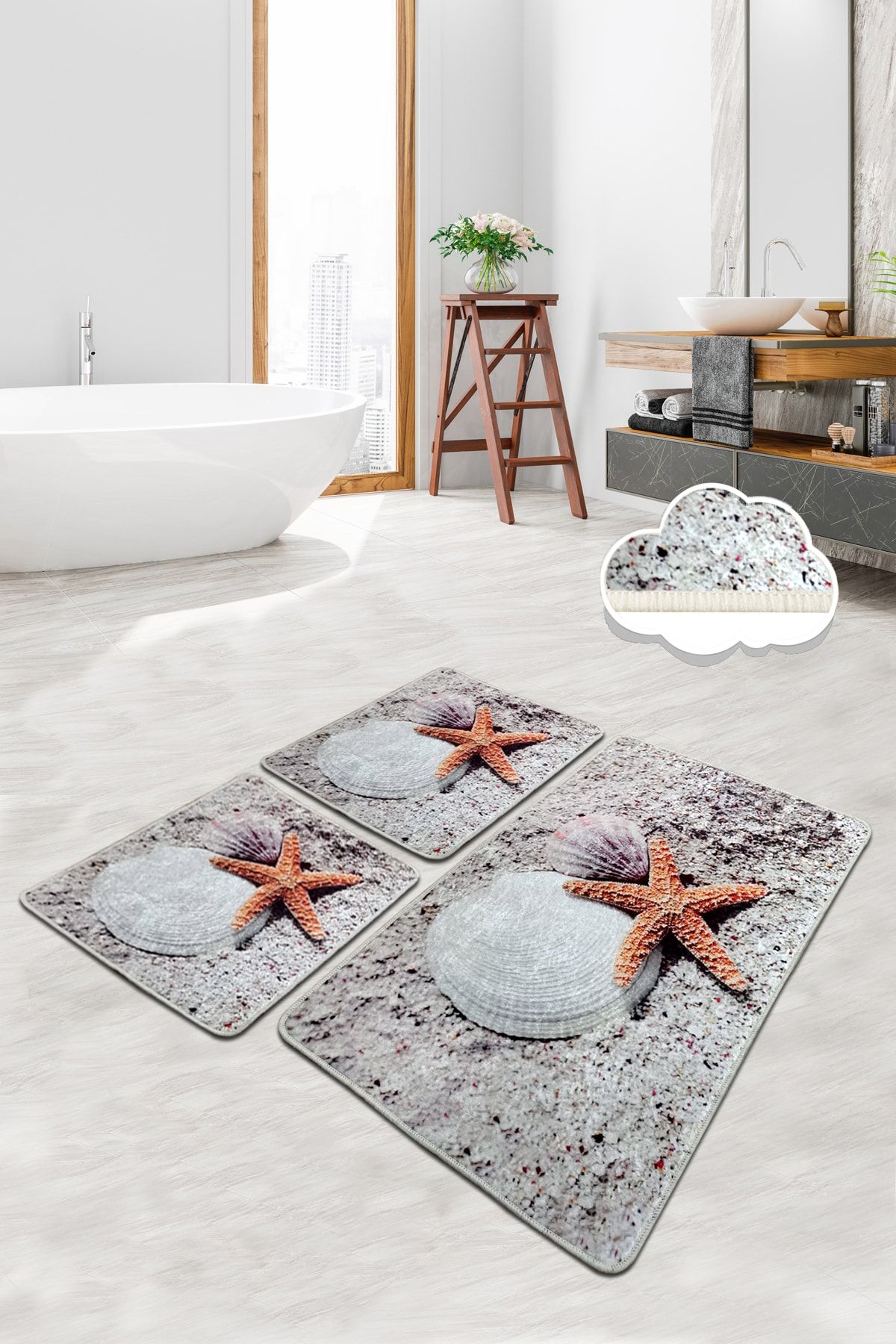 Chilai Home Starfısh 3 Lü Set Banyo Halısı Paspas Yıkanabilir Kaymaz Taban Klozet Takımı