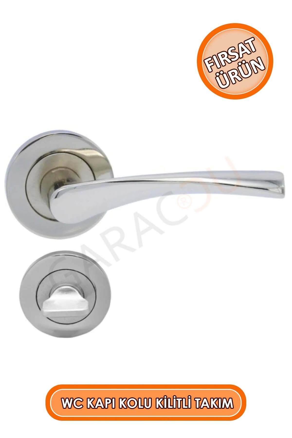 garaccu Kaliteli Nikel Rozet Wc Tip Kapı Kolu Kilitli Takım (Ön Arka Set)