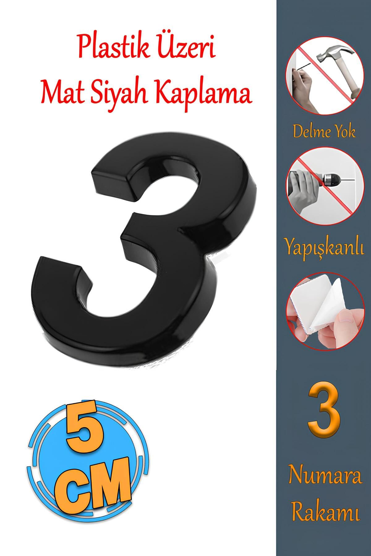 Badem10 Yapışkanlı Kapı Numarası Küçük Boy 50 mm 5 cm Numara 3 Rakam Üç Sayısı Siyah Renk Numaralar 1 Adet