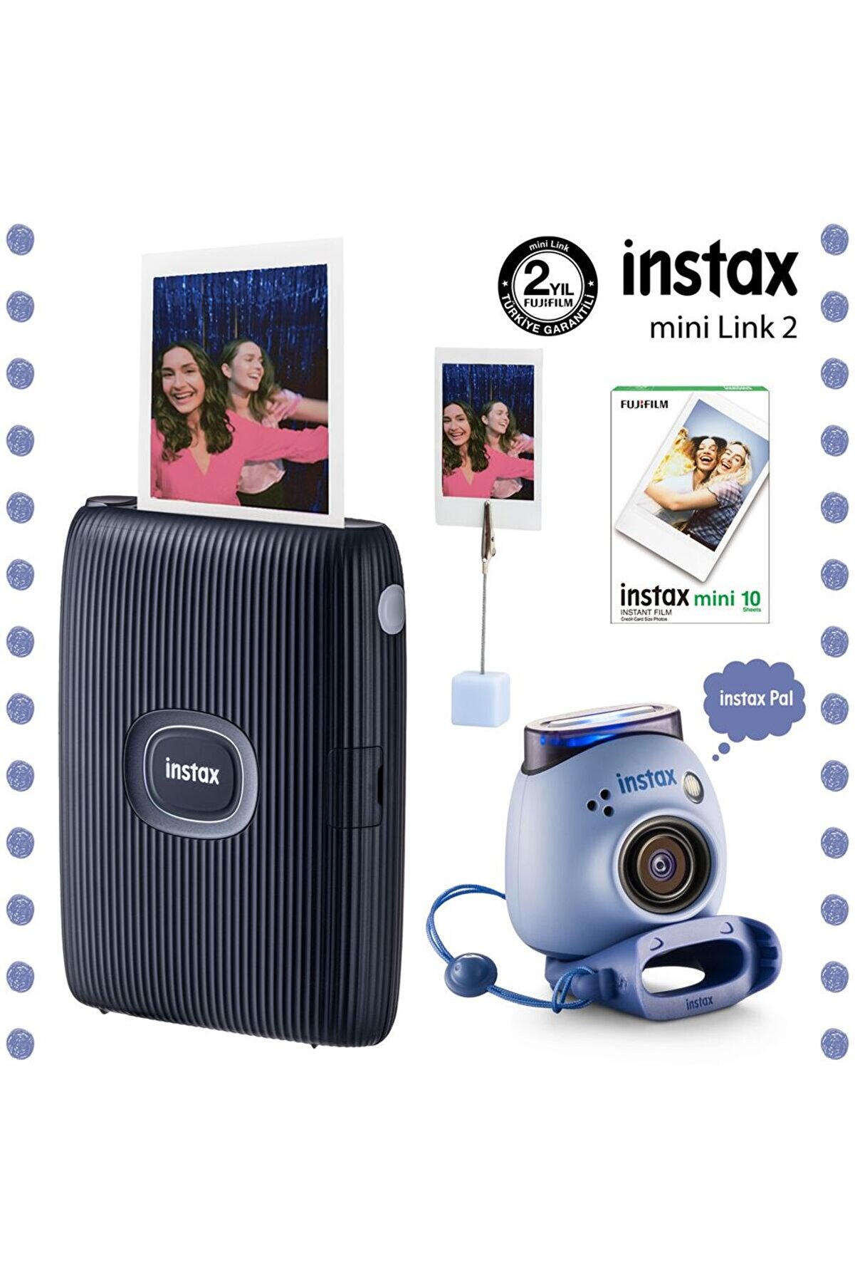 Instax Mini Link 2 Mavi Akıllı Telefon Yazıcısı ve Pal Mavi Dijital Kamera Seti
