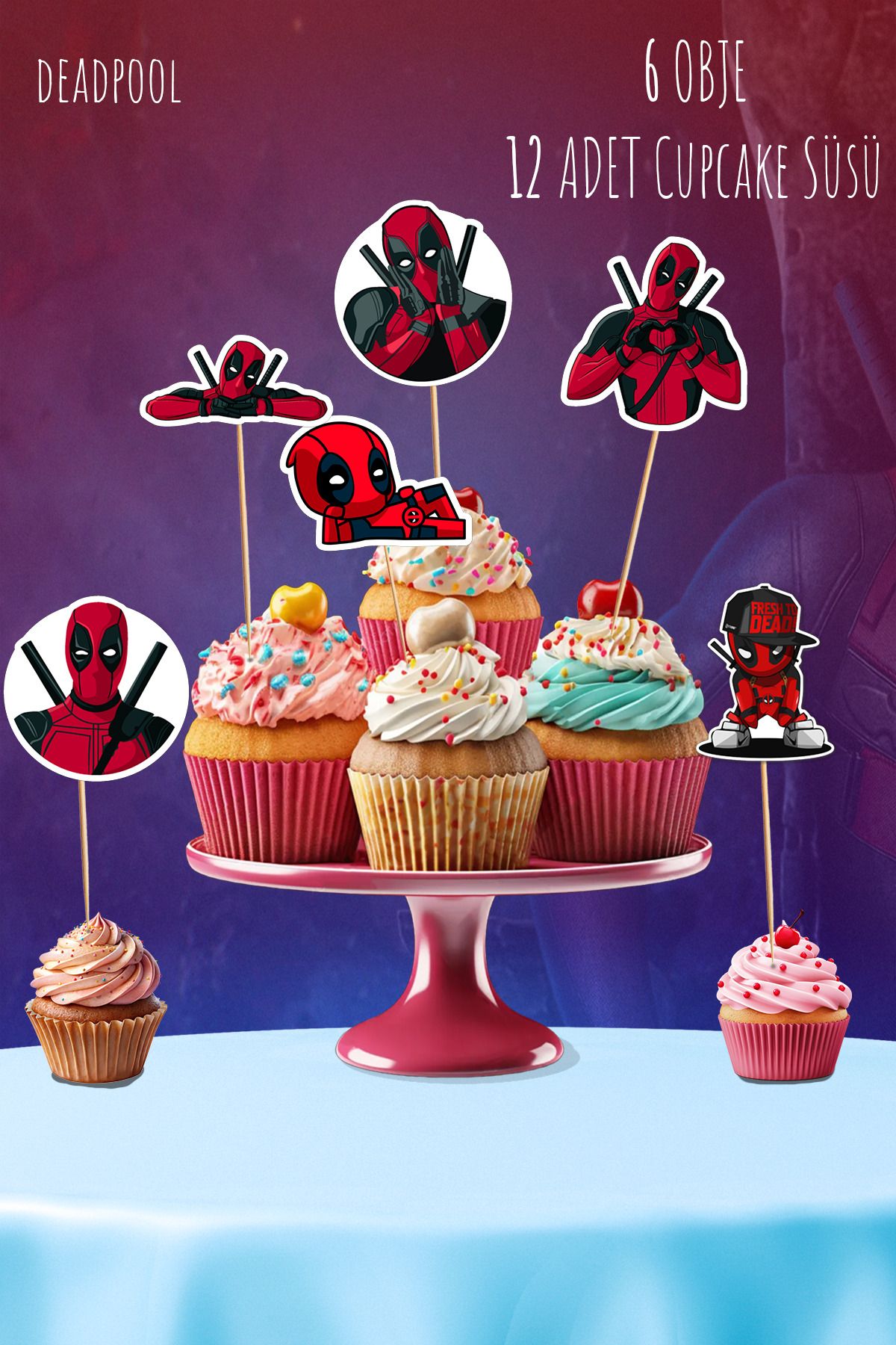 s'he design Deadpool Temalı 12’li Cupcake Ve Pasta Süsü