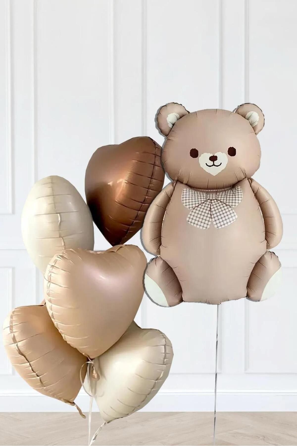 SURPRISE PARTY STORE Retro Karamel Sevimli Ayı ve 5 Adet Retro Krem Karamel Çikolata Kalp Folyo Balon Seti