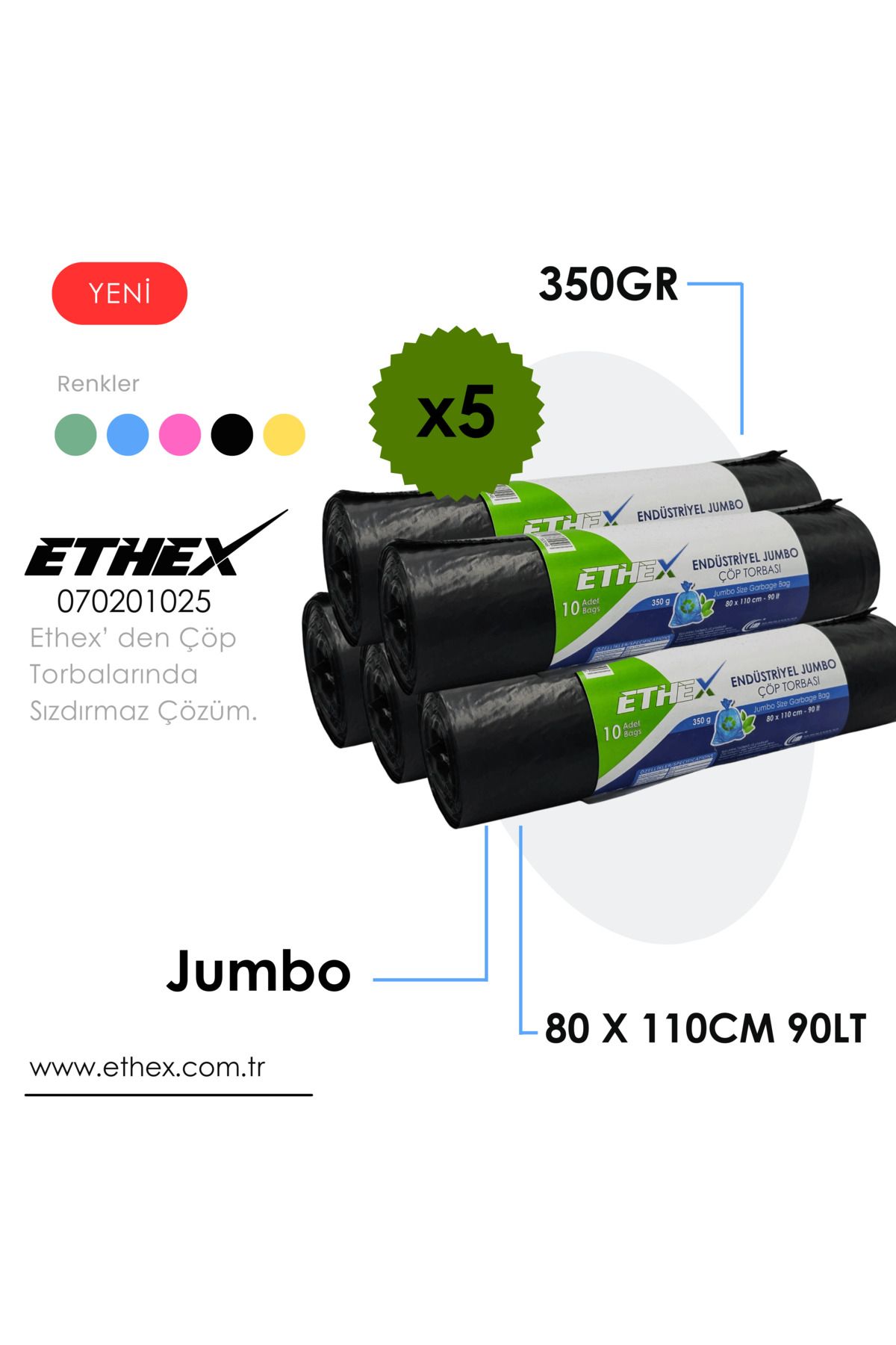Ethex Endüstriyel Jumbo Boy Çöp Torbası/poşeti (10 ADET 350GR 80 X 110CM 90LT SİYAH 5 RULO)