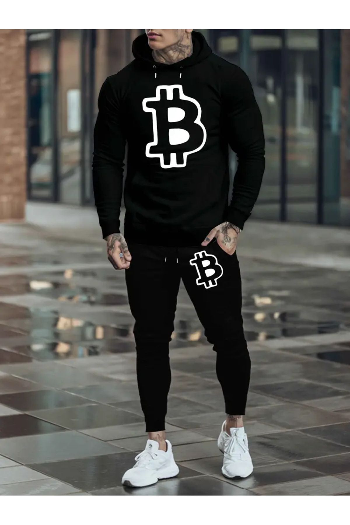 Genel Markalar Yeni Sezon Unisex Kapşonlu Bitcoin Kripto Özel Tasarımlı Sweatshirt - Eşofman Altı İkili Kombin Set