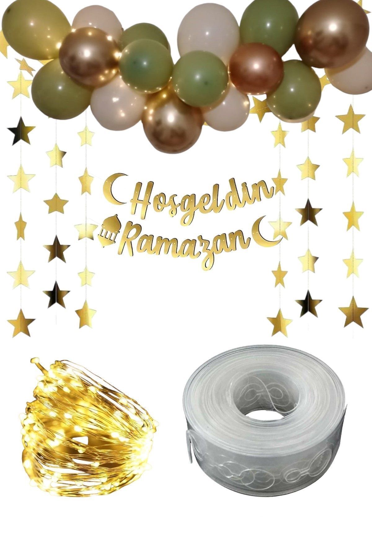 Azebu Hoşgeldin Ramazan Gold Yazı Ledli Zincir Balon Seti, Ramazan Ayı Süsleme Seti