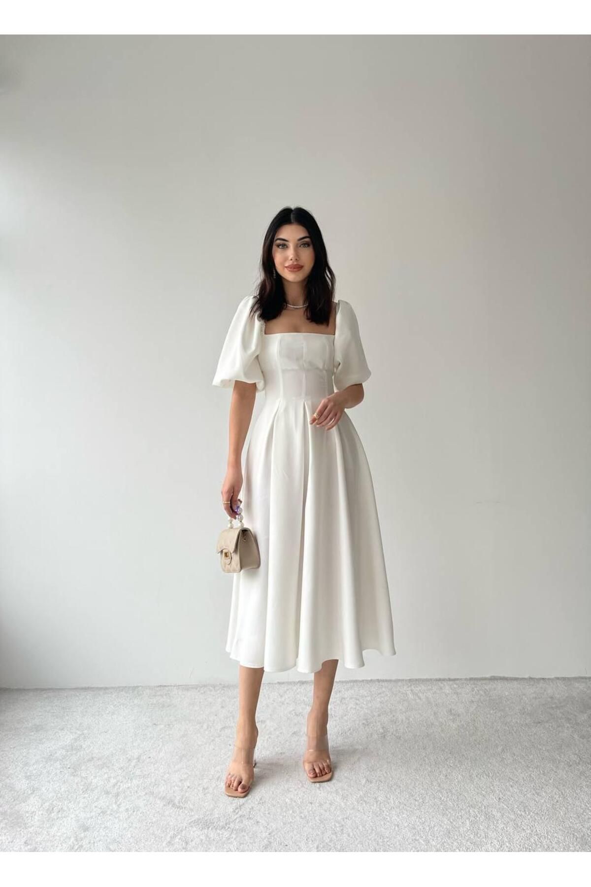 conconmoda Balon Kol Midi Pileli Elbise