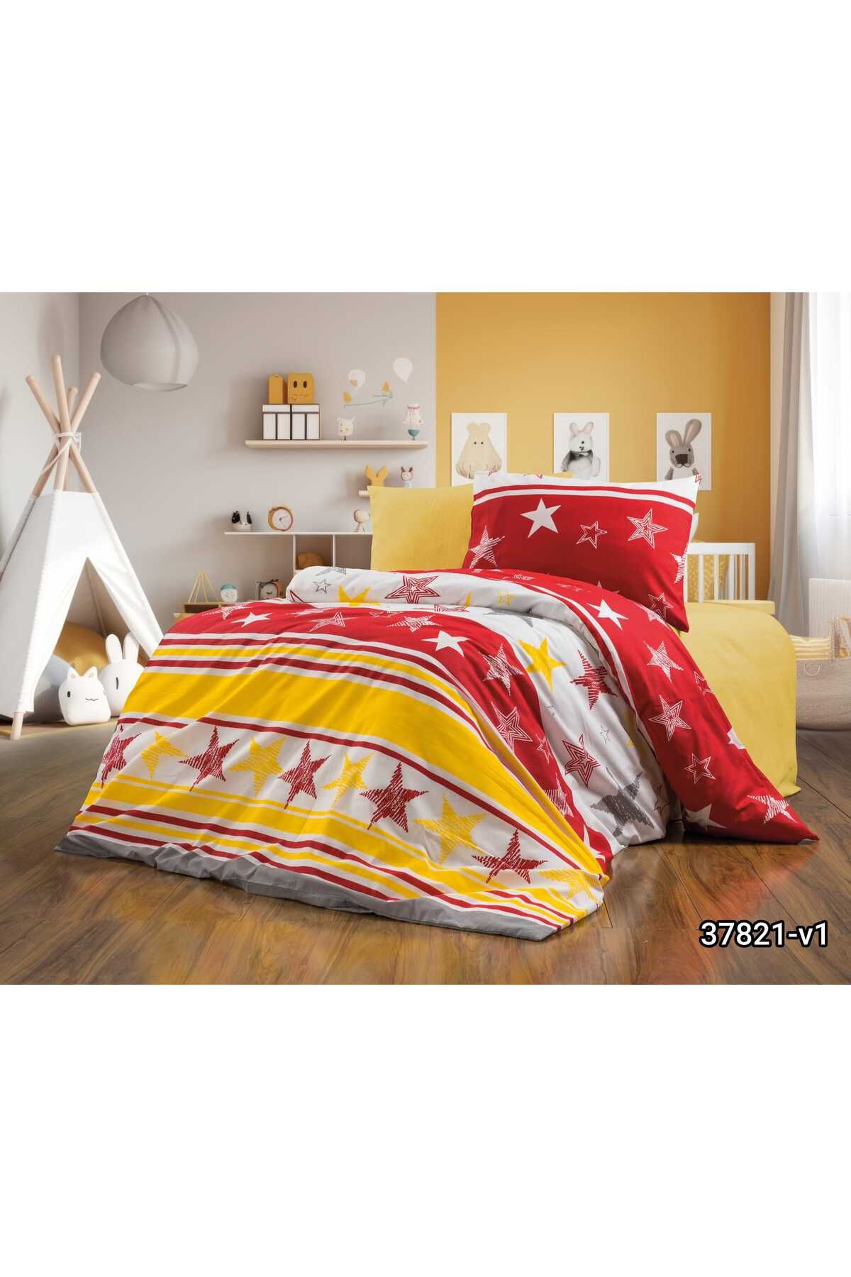 BALA HOME SARI KIRMIZI PAMUKLU TEK KİŞİLİK NEVRESİM SETİ ( ÇARŞAFSIZ )