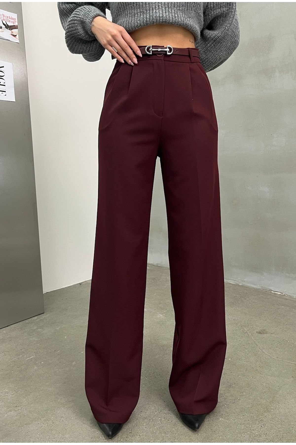 TİSHOOSTORE Kemerli Yüksek Bel Burgonya Bordo Kumaş Palazzo Pantolon
