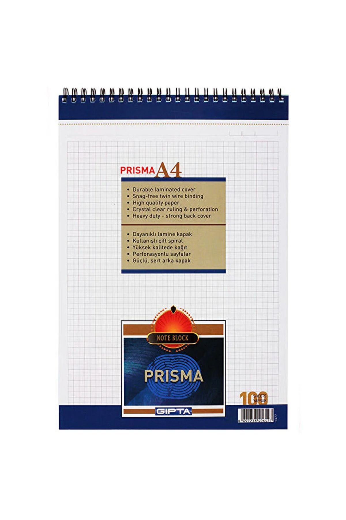 Gıpta Prisma A4 100yp Üstten Spiralli Bloknot Not Defteri Kareli / B35