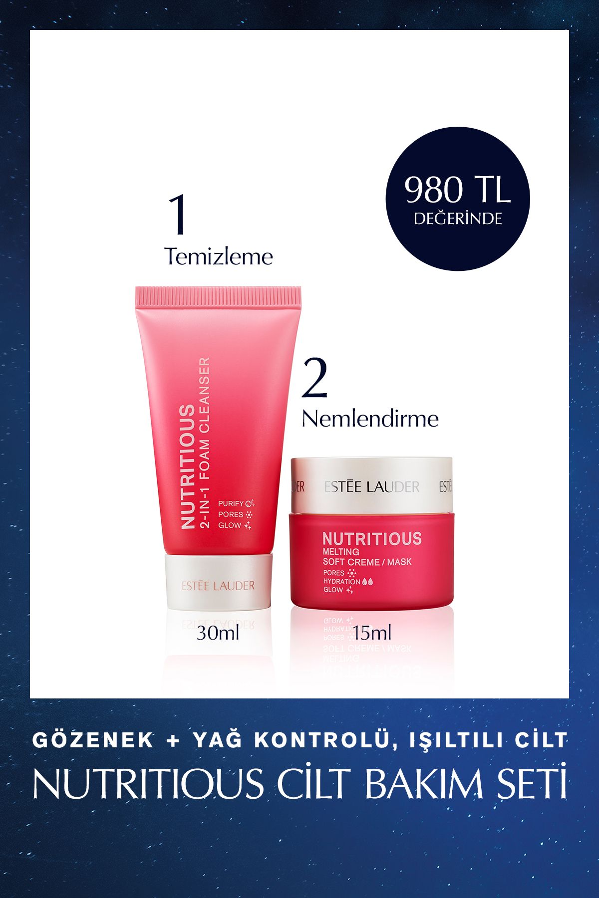 Estee Lauder Gözenekler, Yağ Kontrolü, Işıltılı Cilt - Nutritious Cilt Bakım Seti, Temizleyici 30ml, Krem 15ml