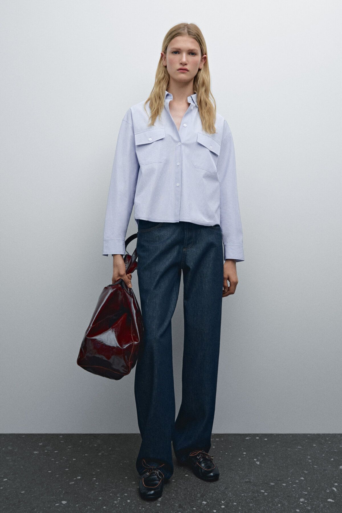 Massimo Dutti Cepli %100 pamuklu crop gömlek