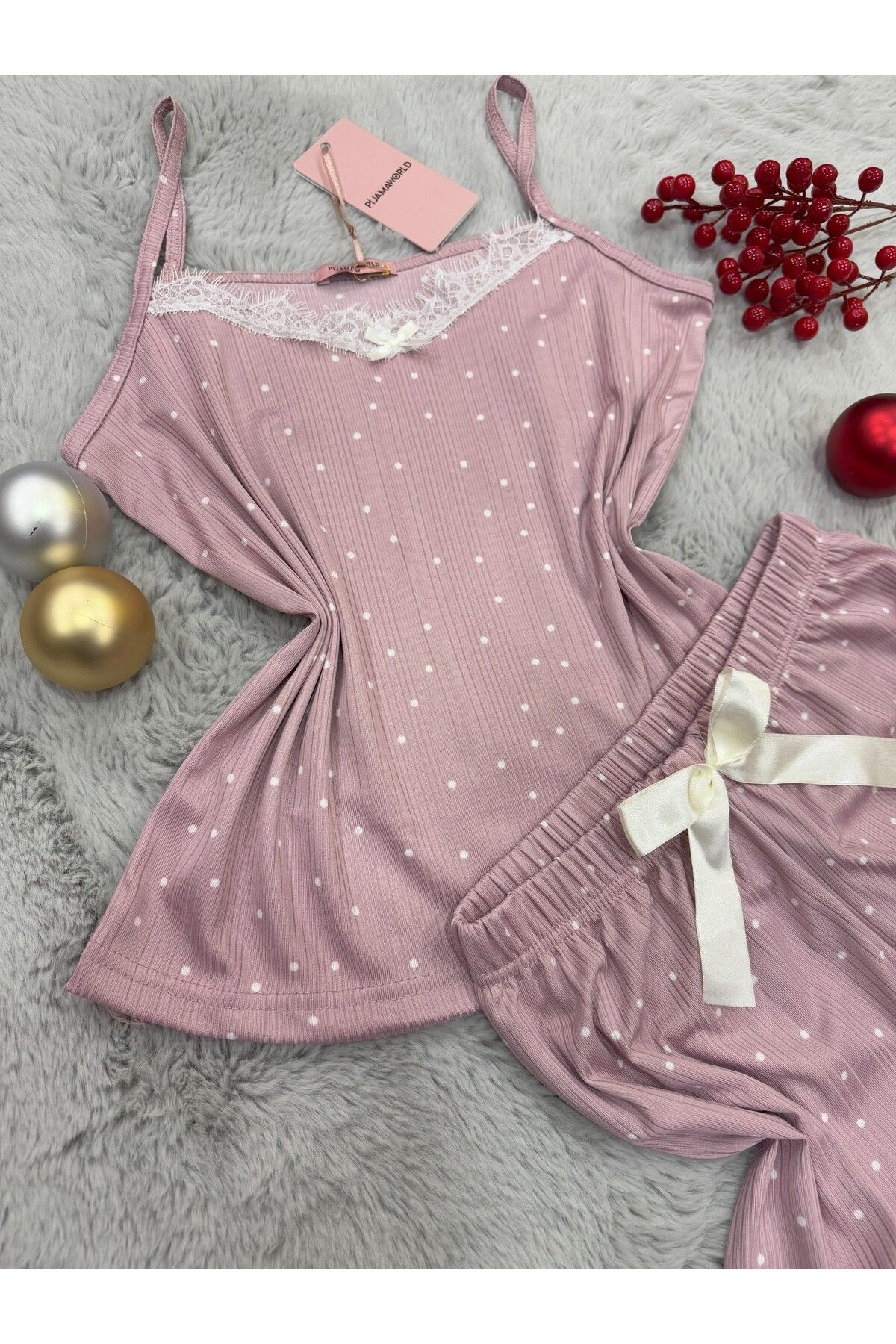 pijamaworld YAZLIKH YUMUŞAK KUMAŞLI  İP ASKILI ŞORTLU PİJAMA TAKIMI
