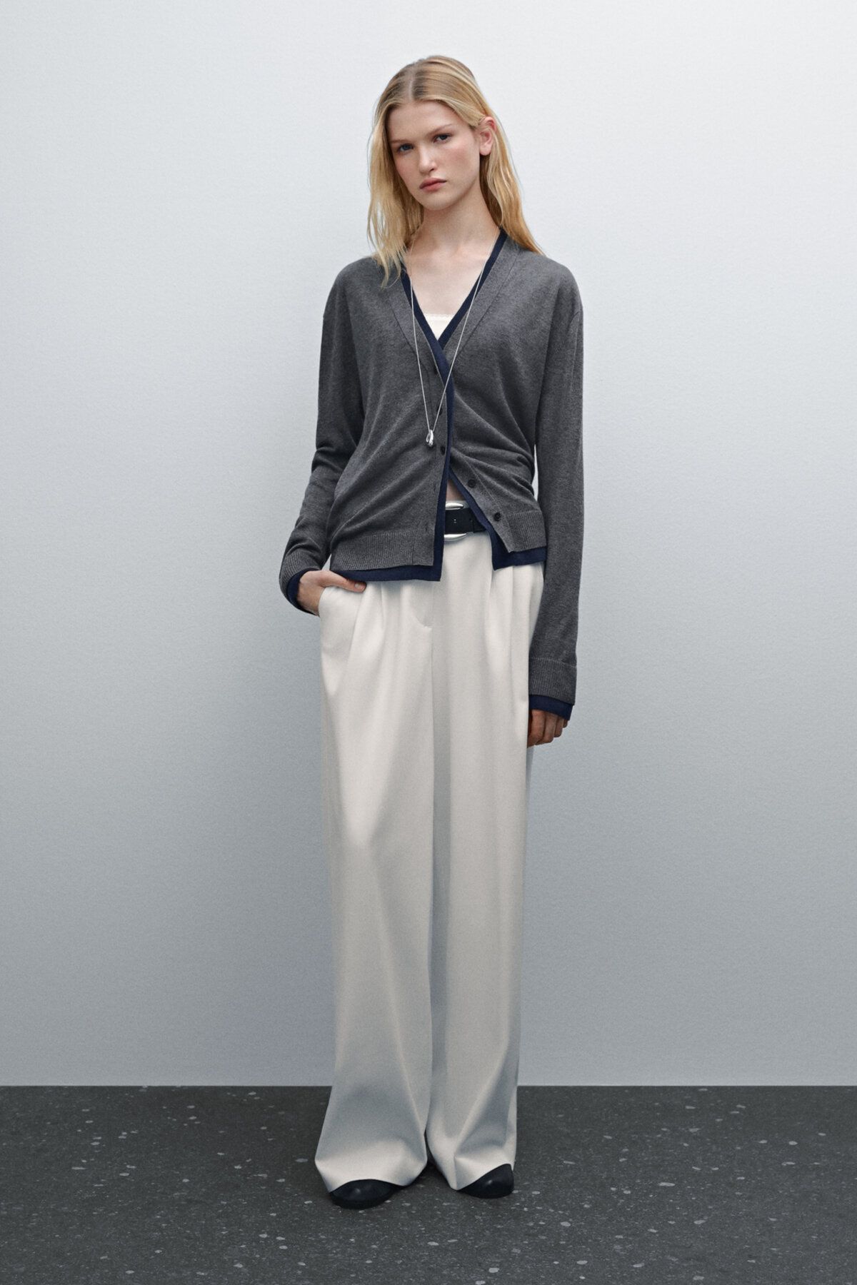 Massimo Dutti Çift şeritli yün karışımlı triko hırka