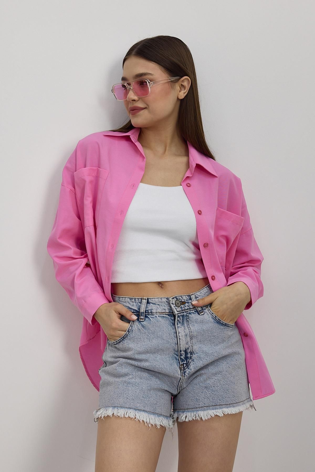 Rays Şeker Pembe Çift Cepli Oversize Uzun Basic Gömlek - Tcr-6256a