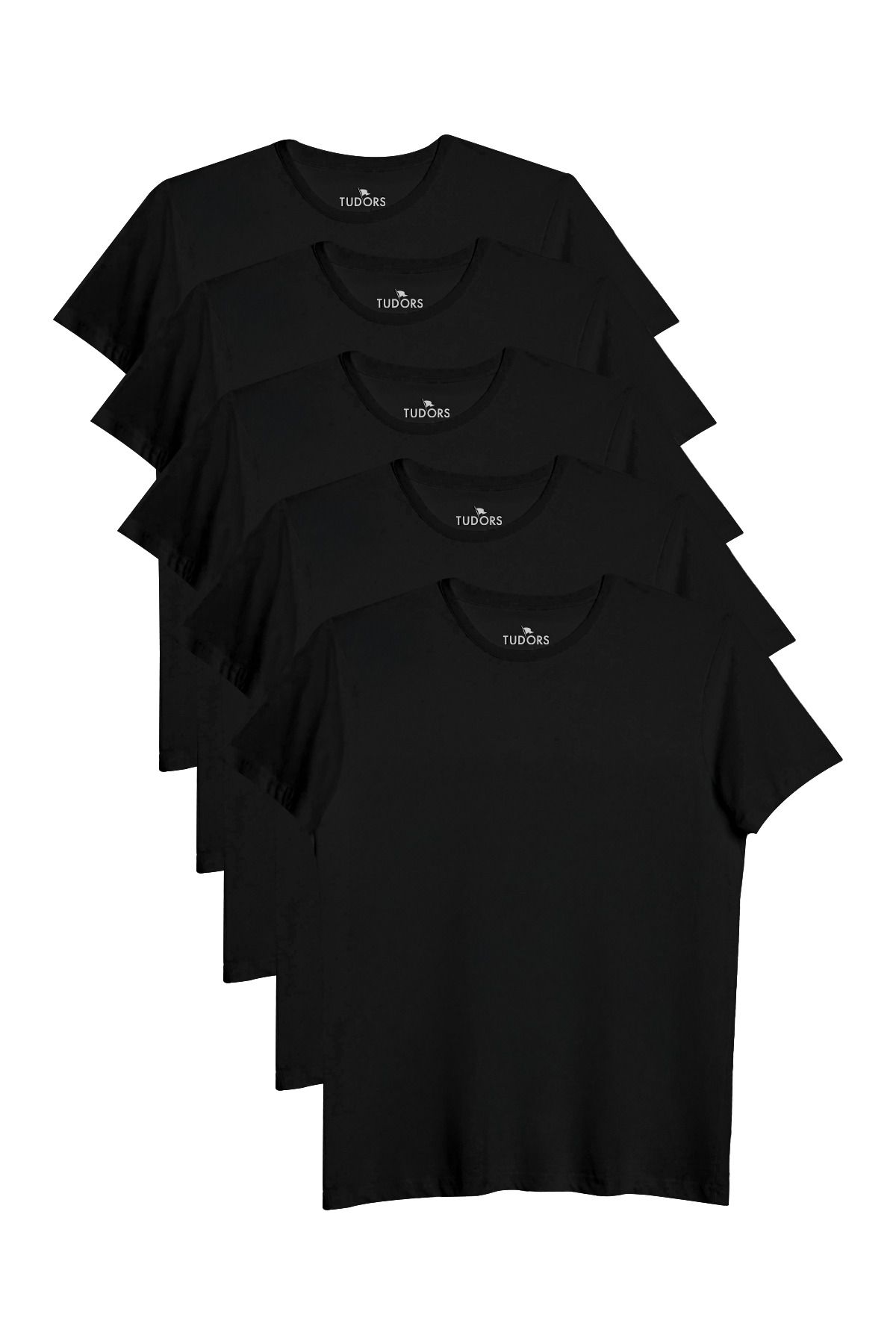 Tudors Unisex 5'li Paket Siyah Slim Fit Dar Kesim %100 Pamuk Bisiklet Yaka Tişört
